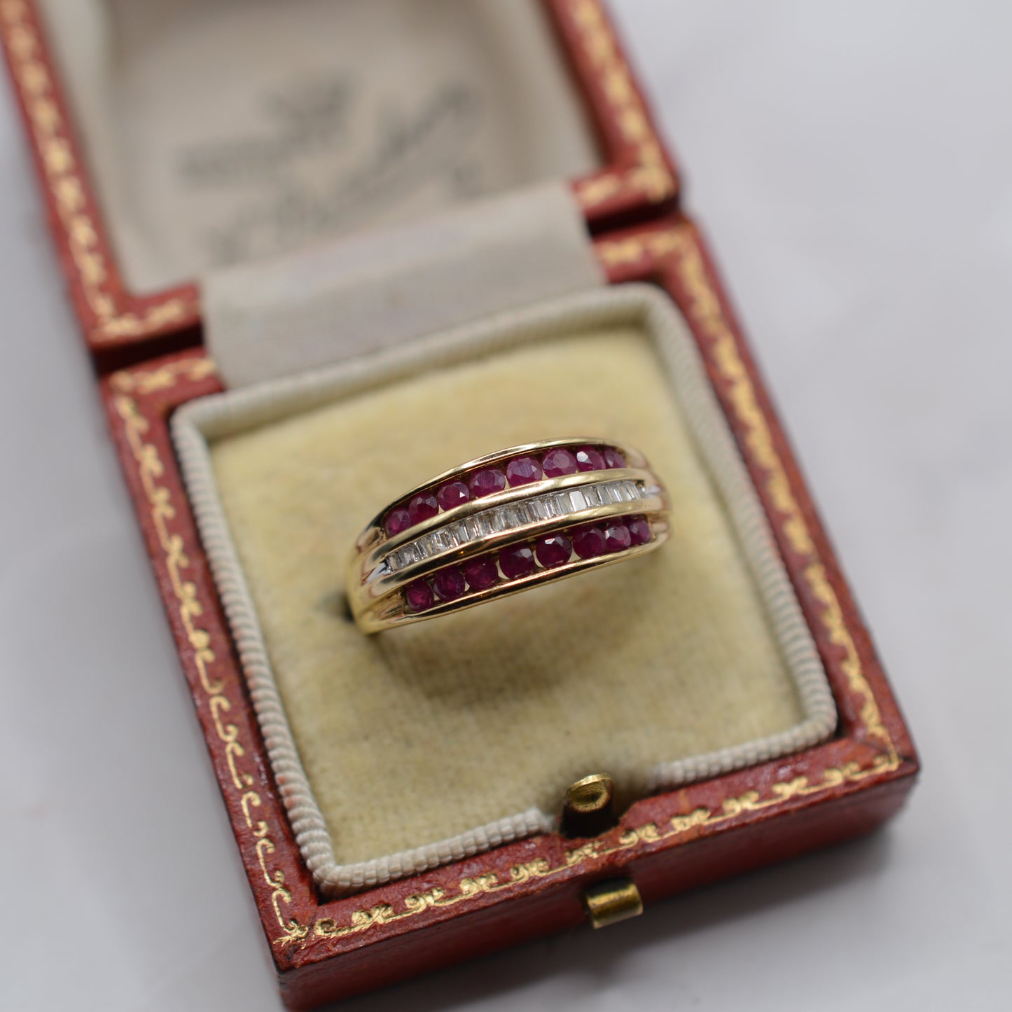 Chunky Y2K Vintage 9ct Gold Ruby & Diamond Triple-Row Ring