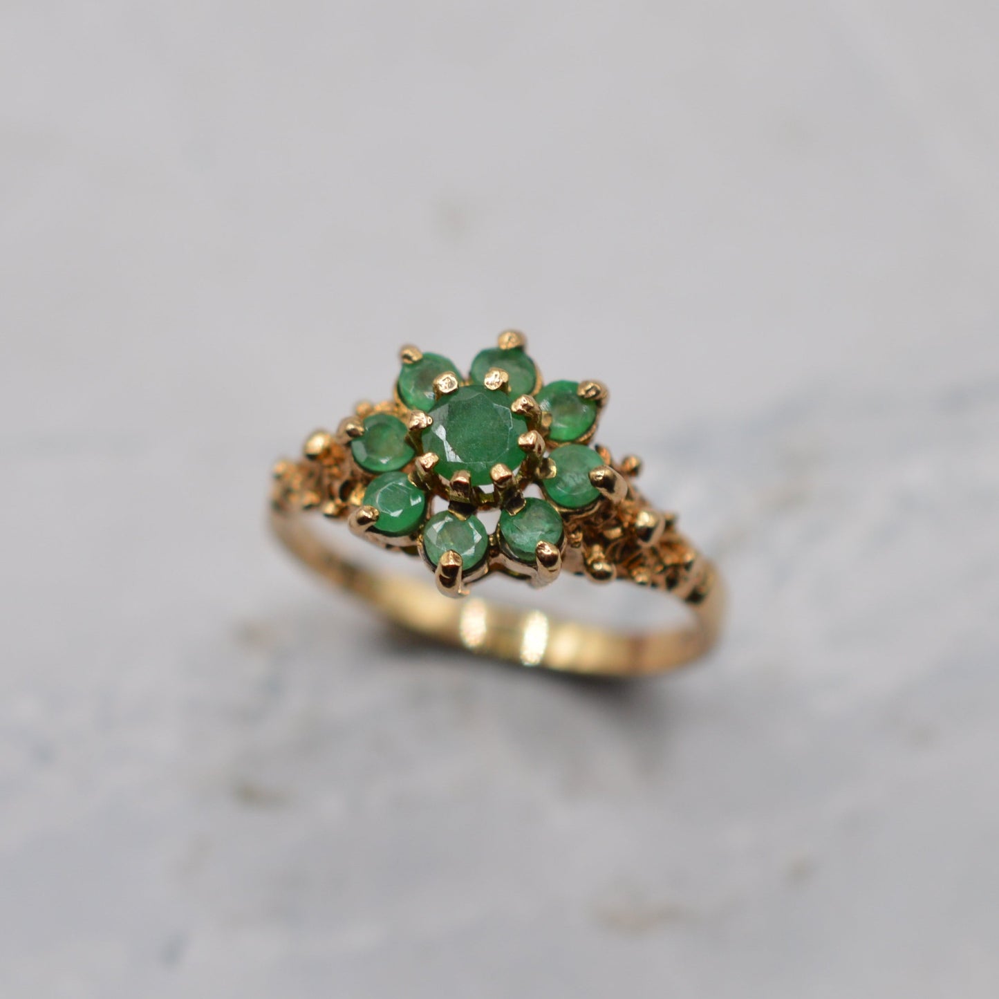 1970s Vintage 9ct Gold Emerald Cluster Ring