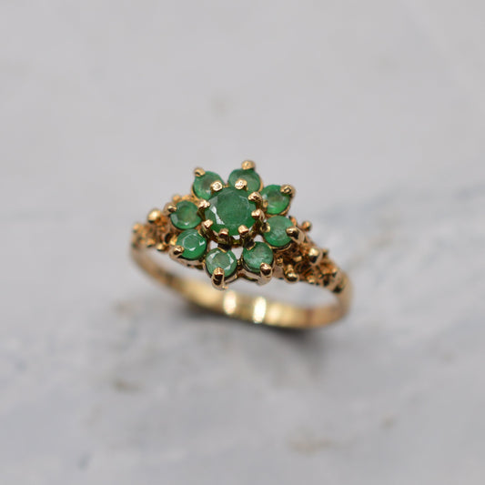 1970s Vintage 9ct Gold Emerald Cluster Ring