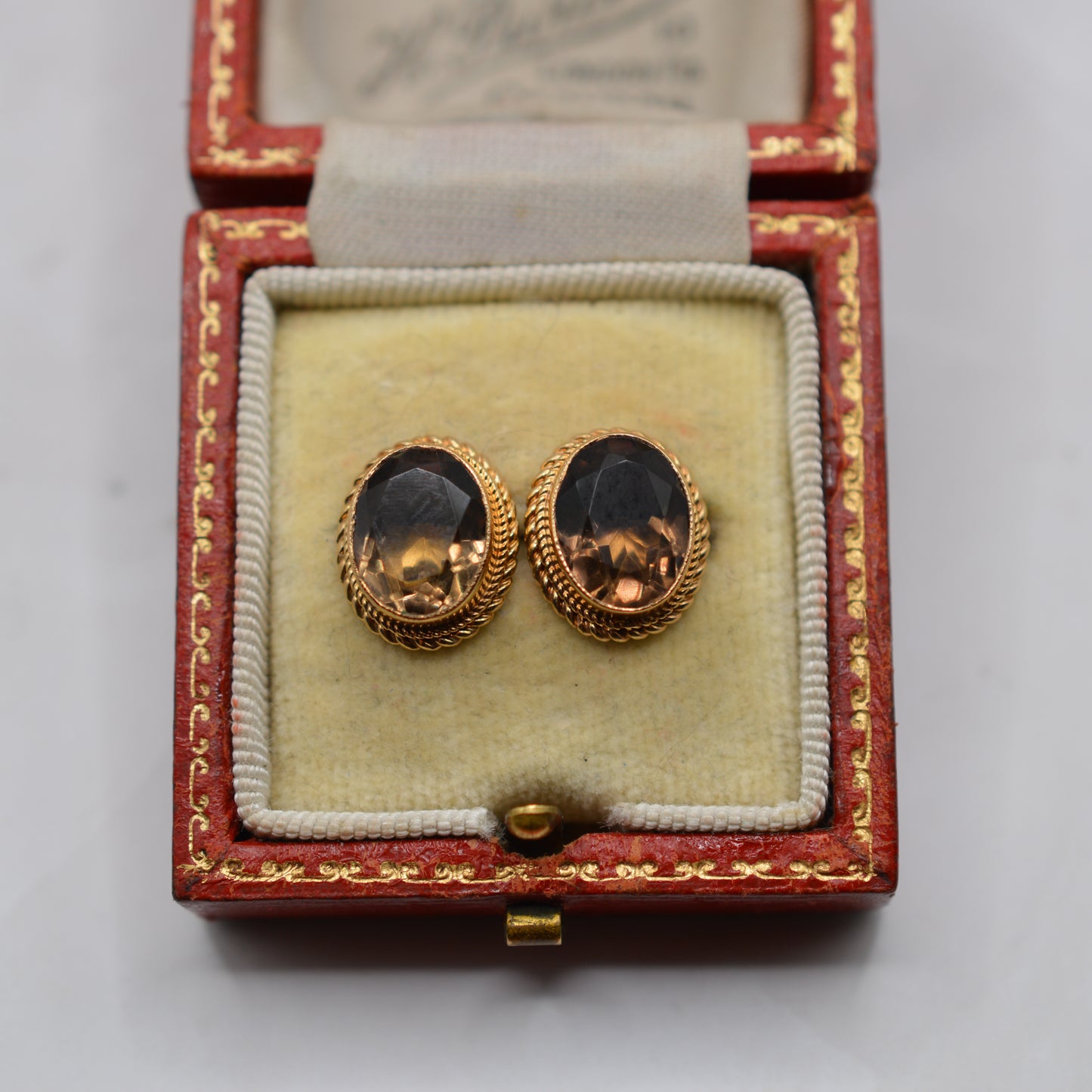 1970s Vintage 9ct Gold Smoky Quartz Earrings with Rope-Twist Border