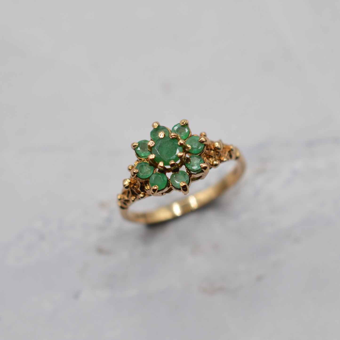 1970s Vintage 9ct Gold Emerald Cluster Ring