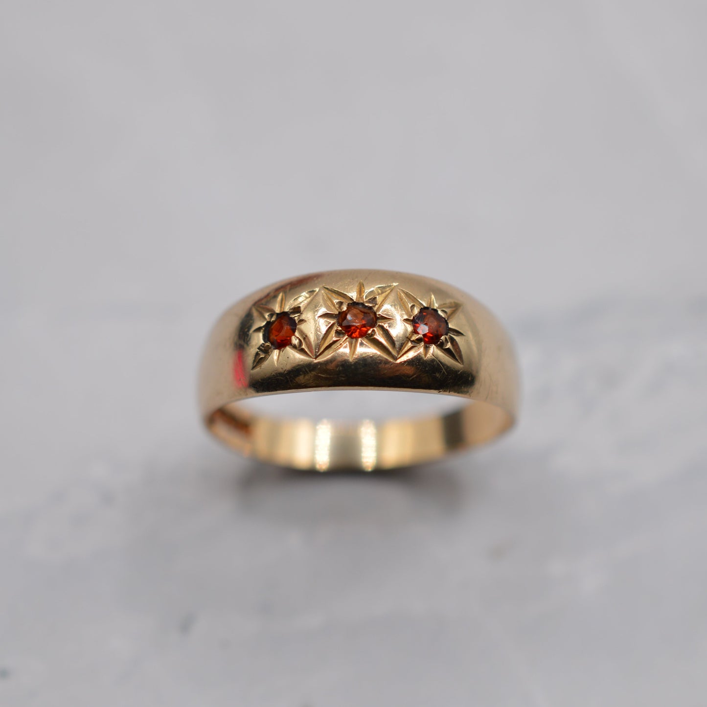 1970s Vintage 9ct Gold Garnet Gypsy Trilogy Ring