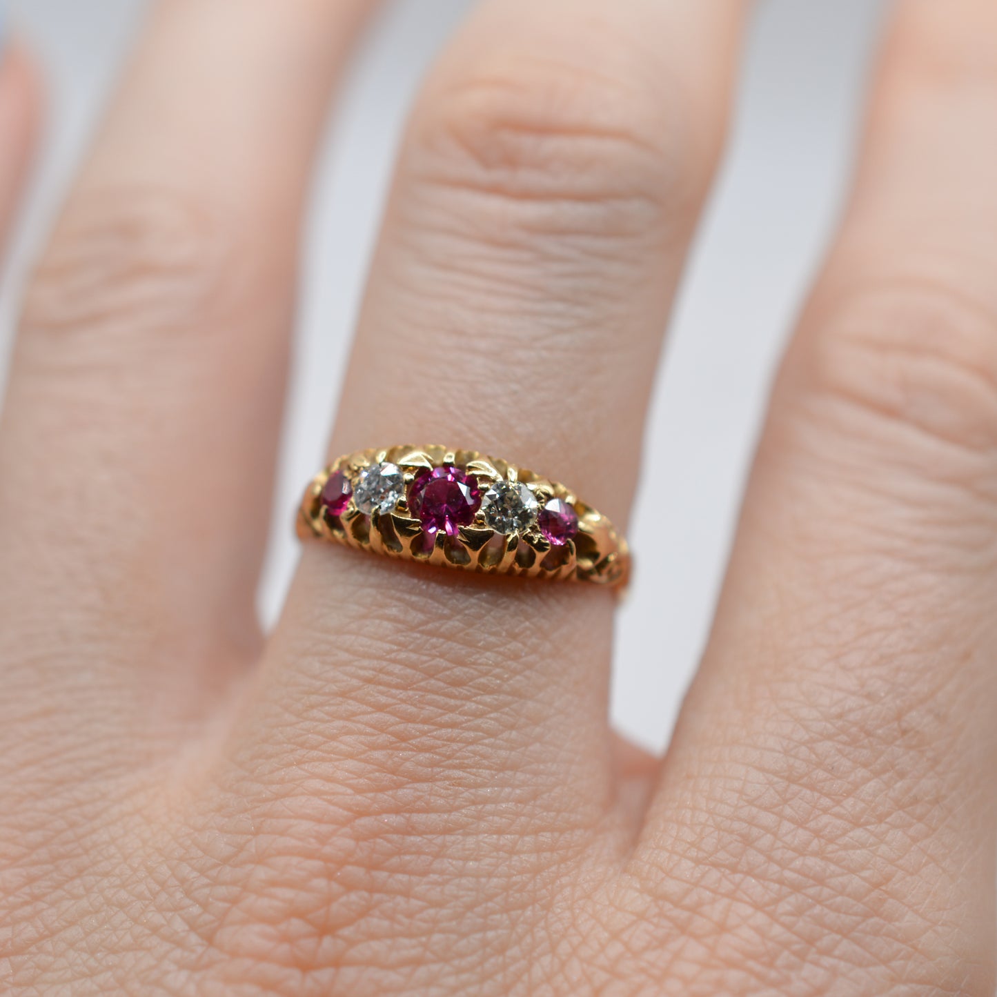 Antique 1907 Edwardian 18ct Gold Ruby & Diamond Five-Stone Ring