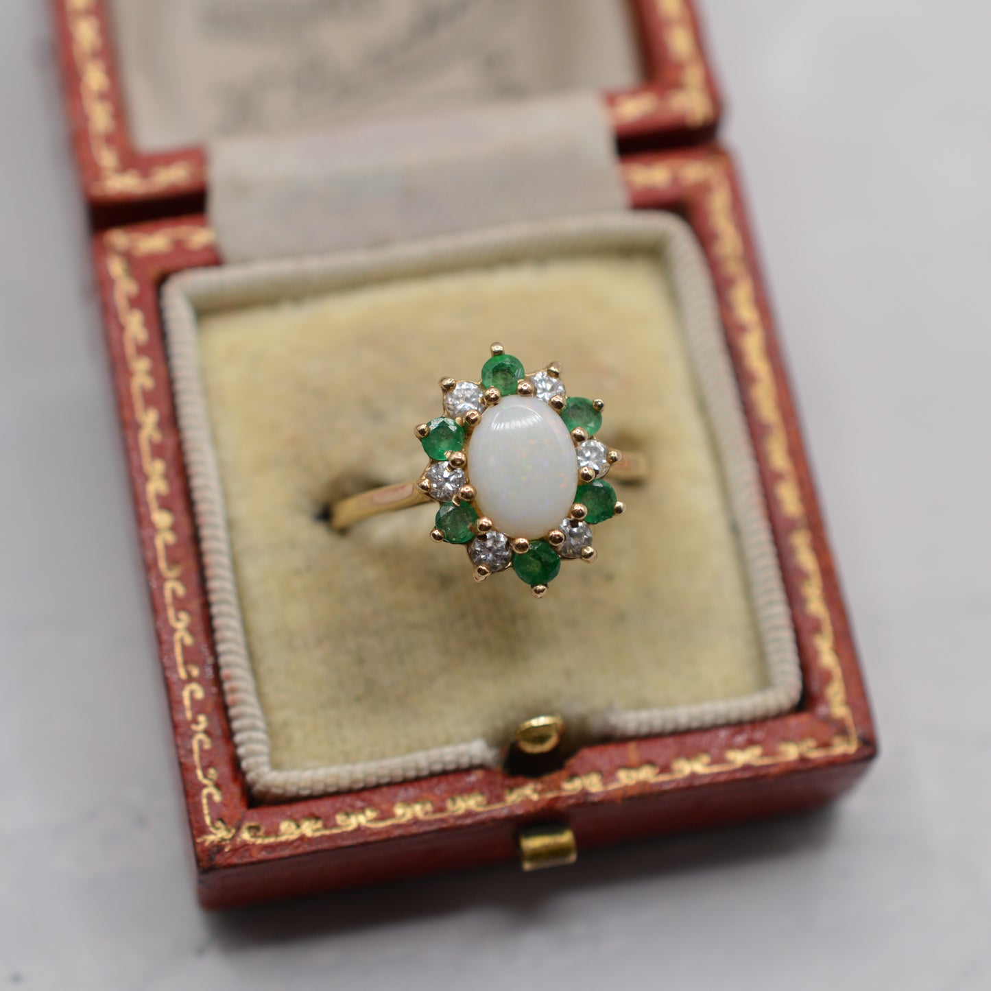 9ct Gold Opal, Emerald & CZ Cluster Ring