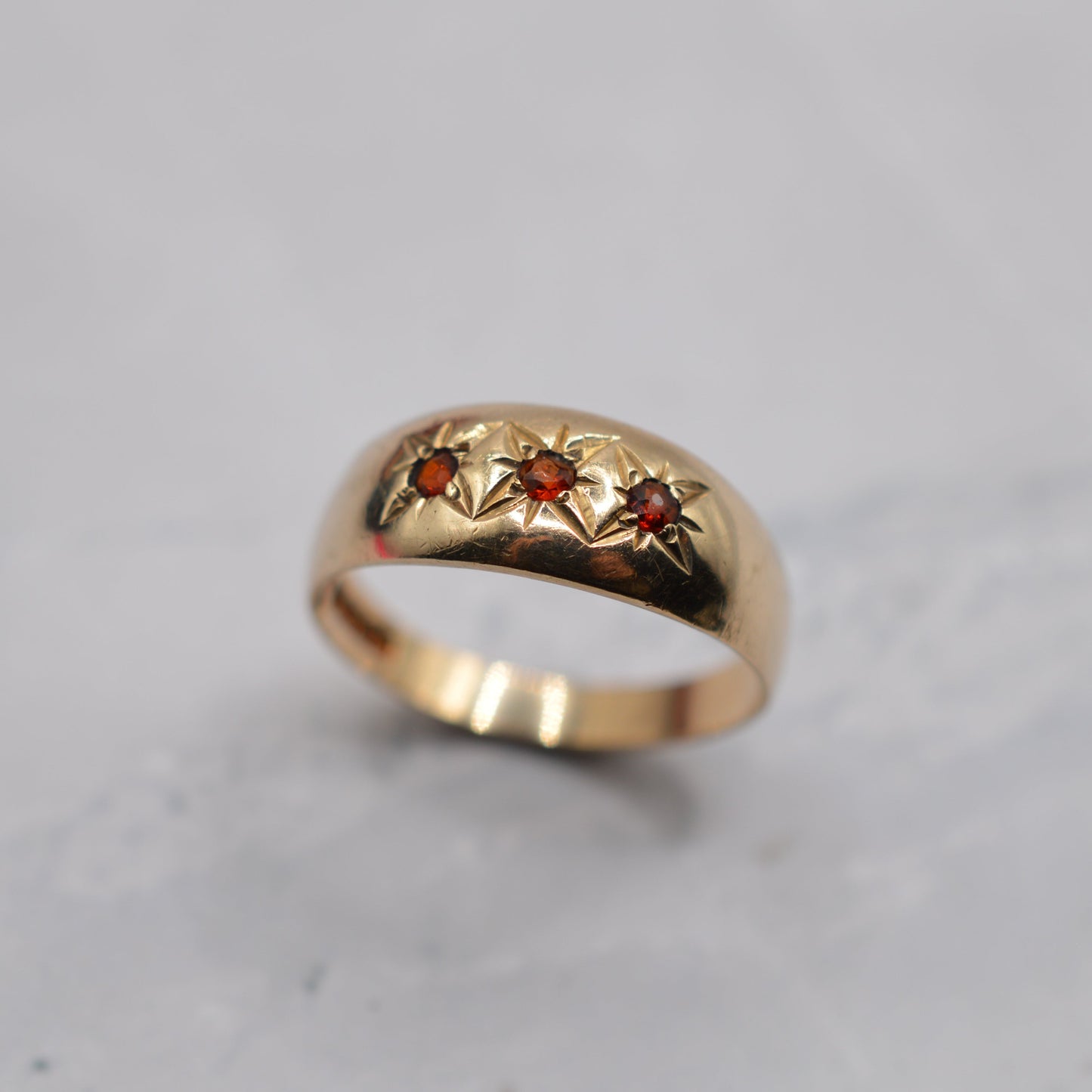 1970s Vintage 9ct Gold Garnet Gypsy Trilogy Ring