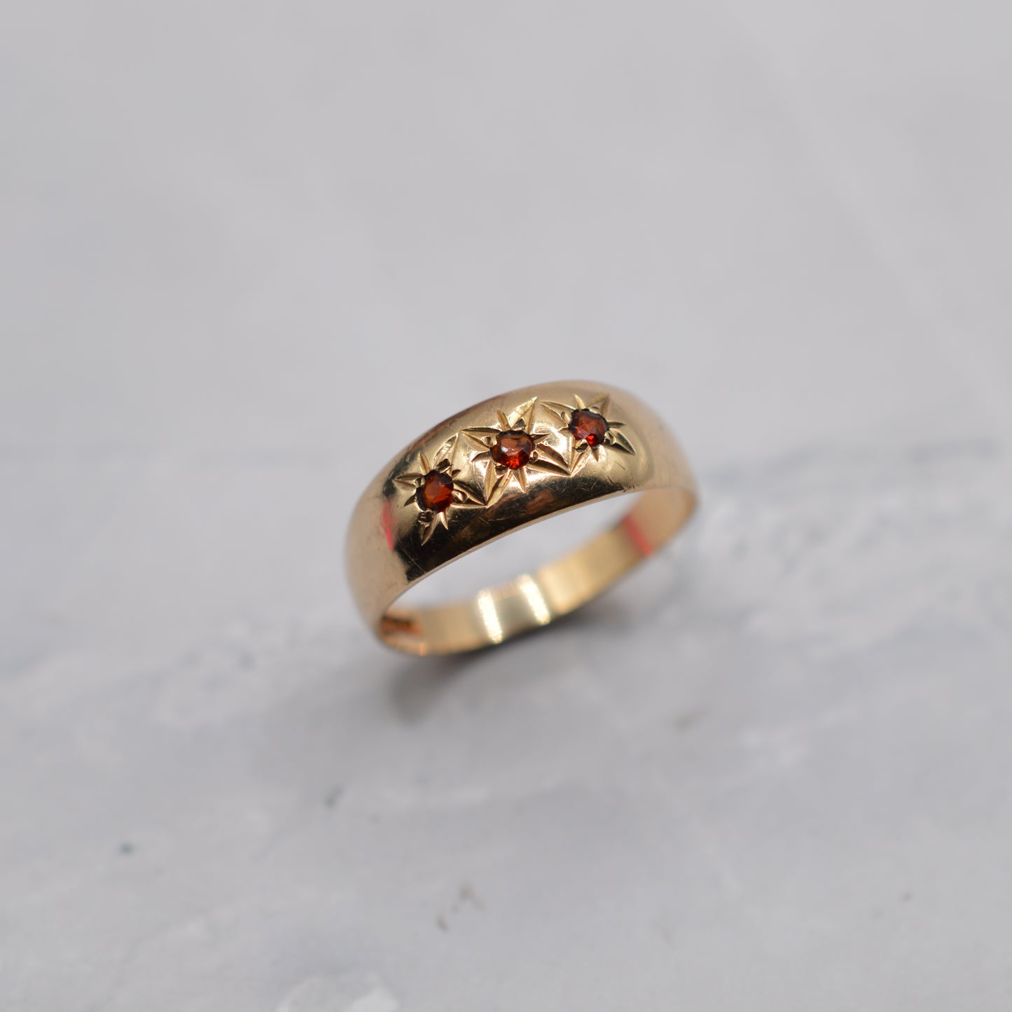 1970s Vintage 9ct Gold Garnet Gypsy Trilogy Ring