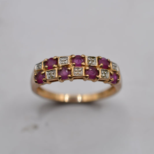 9ct Gold Ruby & Diamond Checkerboard Ring