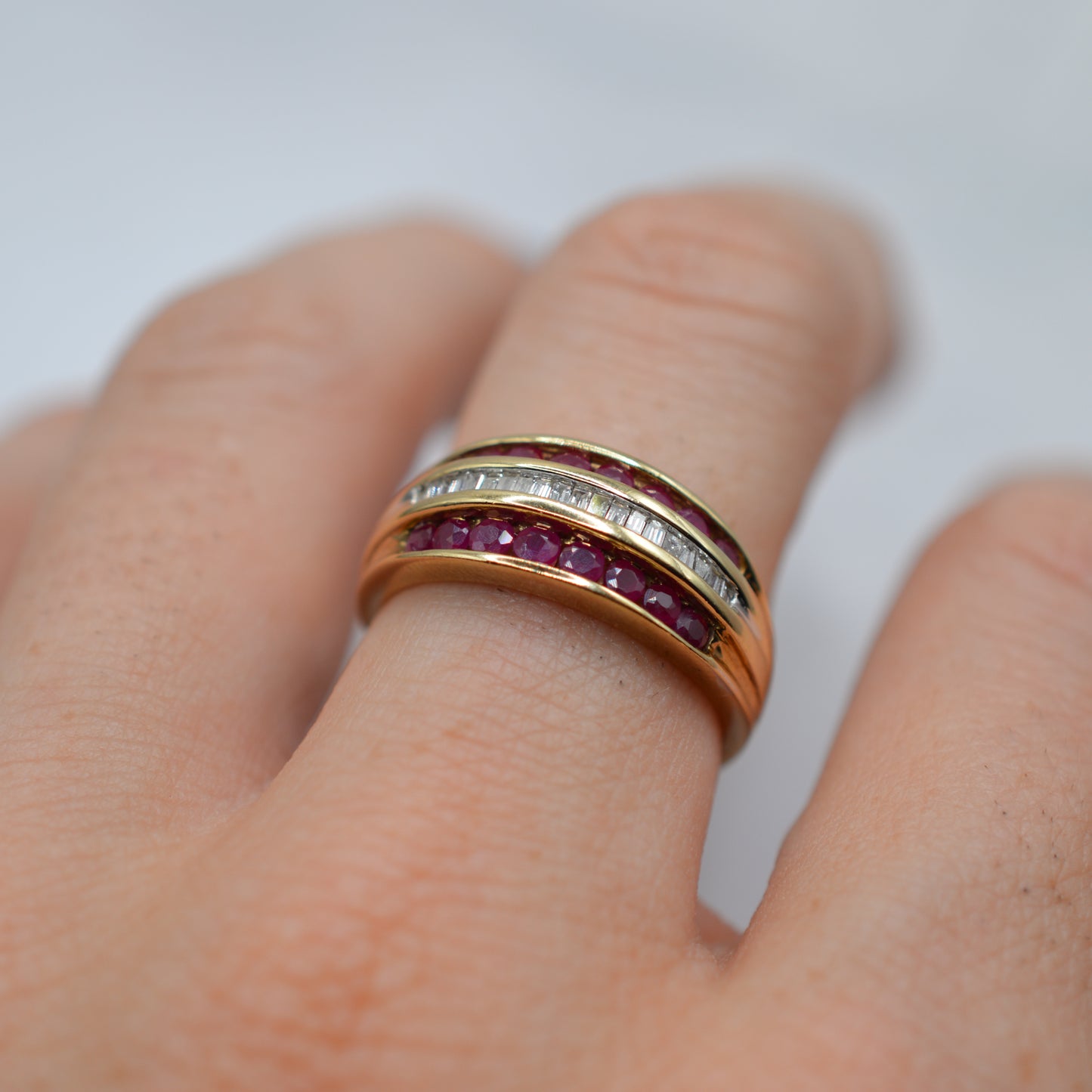 Chunky Y2K Vintage 9ct Gold Ruby & Diamond Triple-Row Ring