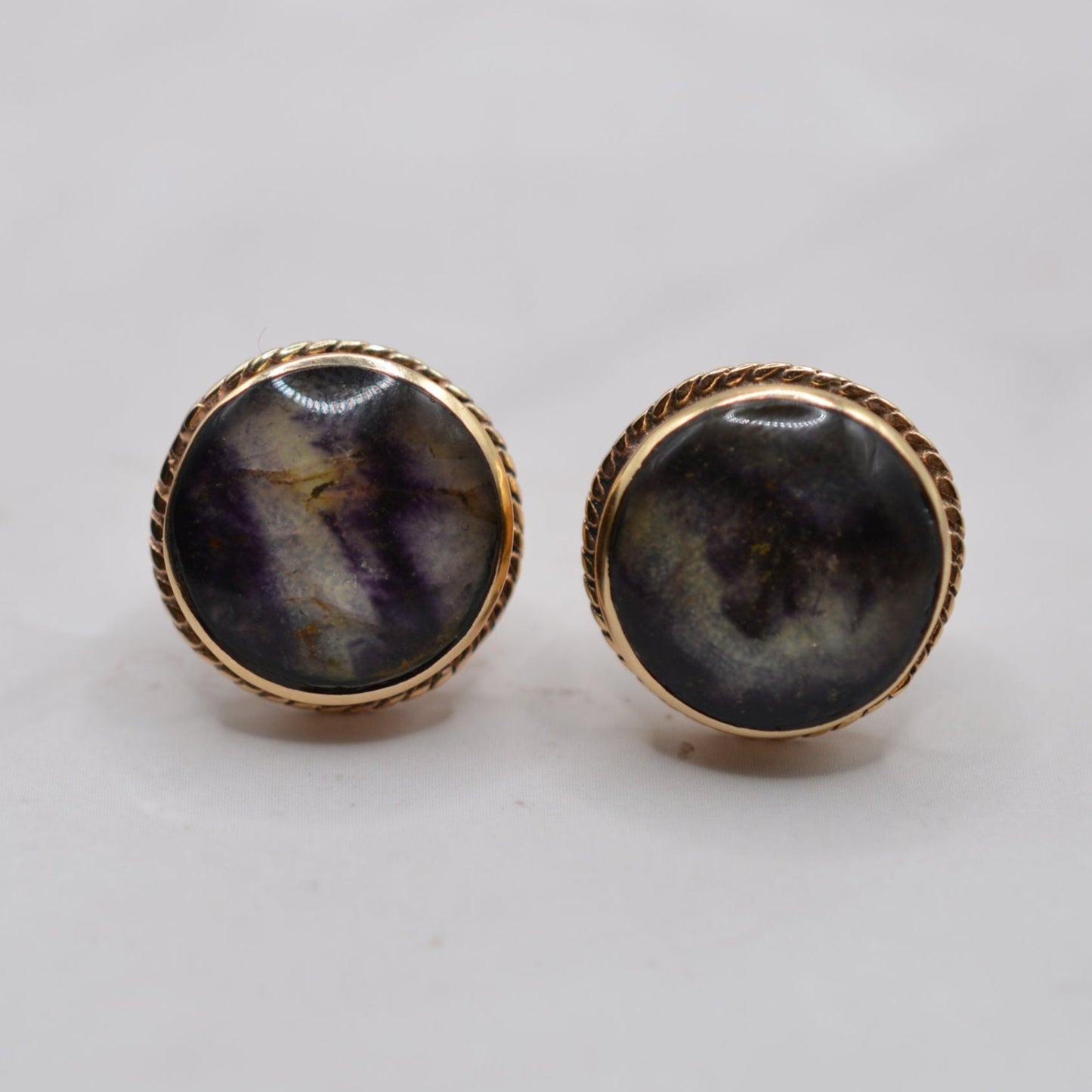 Large 1980s 9ct Gold Blue John Rope-Edge Stud Earrings