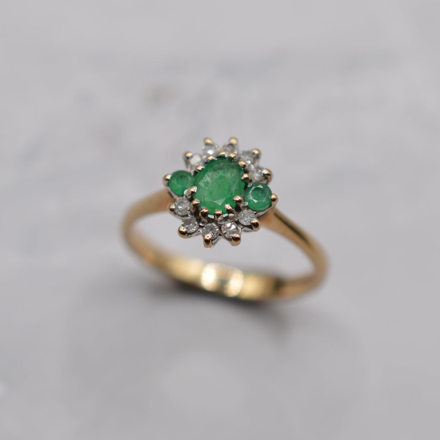 1990s 9ct Gold Emerald & Diamond Cluster Ring