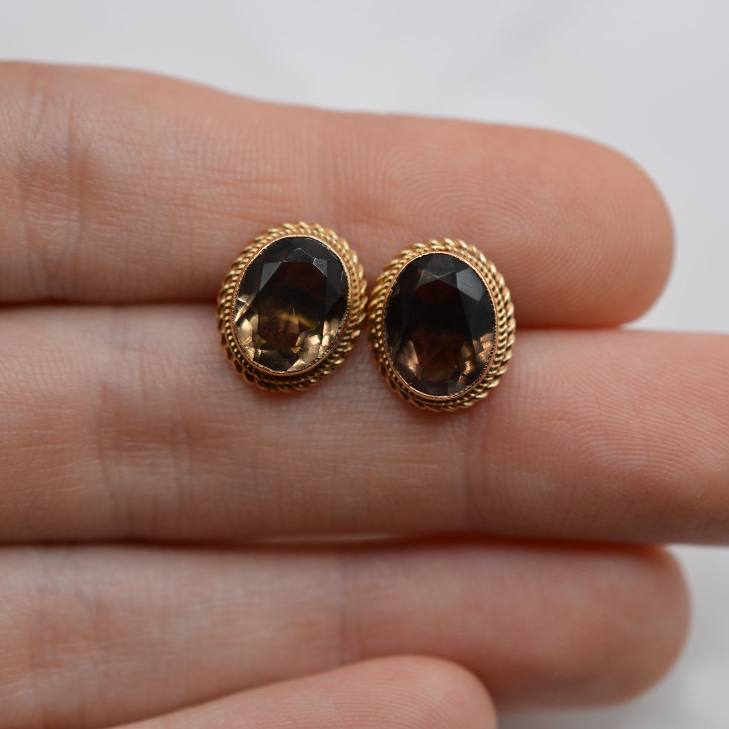 1970s Vintage 9ct Gold Smoky Quartz Earrings with Rope-Twist Border