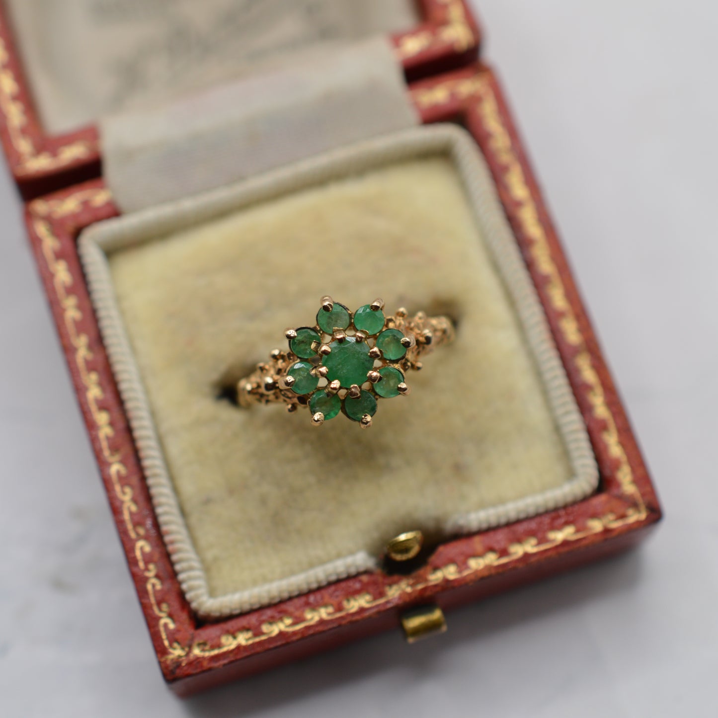 1970s Vintage 9ct Gold Emerald Cluster Ring