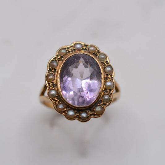 Antique Chunky Victorian 9ct Gold Amethyst & Pearl Cluster Ring
