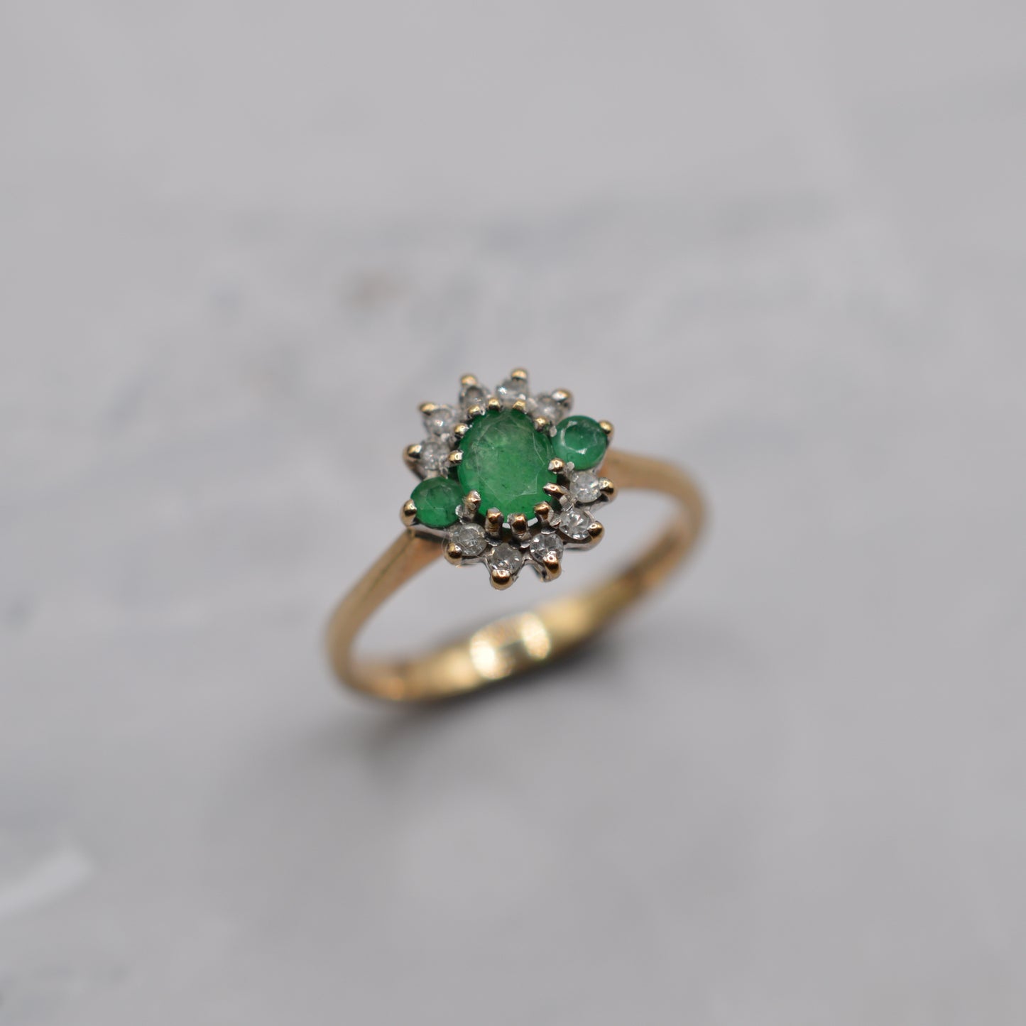 1990s 9ct Gold Emerald & Diamond Cluster Ring