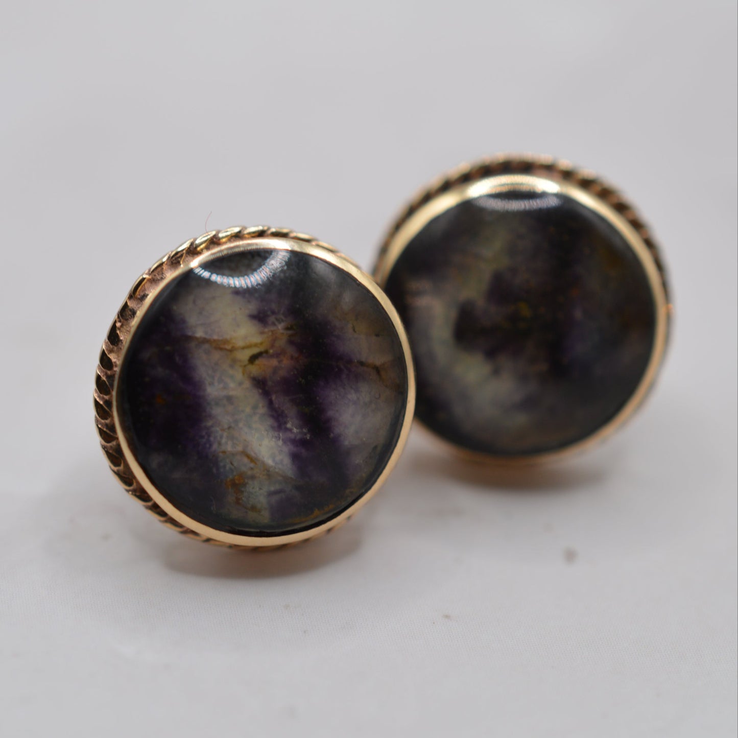 Large 1980s 9ct Gold Blue John Rope-Edge Stud Earrings
