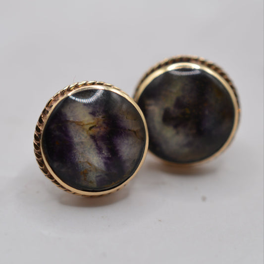 Large 1980s 9ct Gold Blue John Rope-Edge Stud Earrings