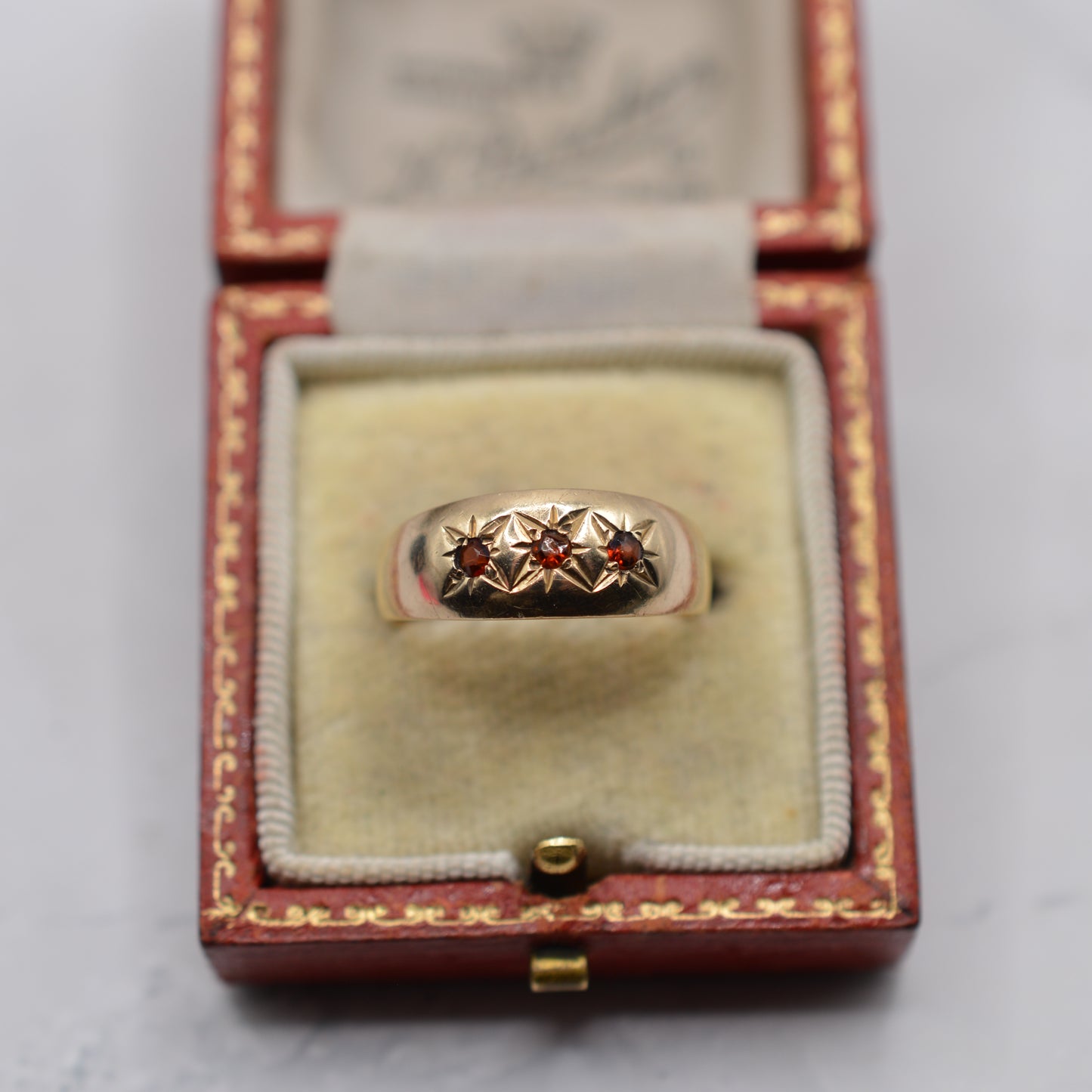 1970s Vintage 9ct Gold Garnet Gypsy Trilogy Ring