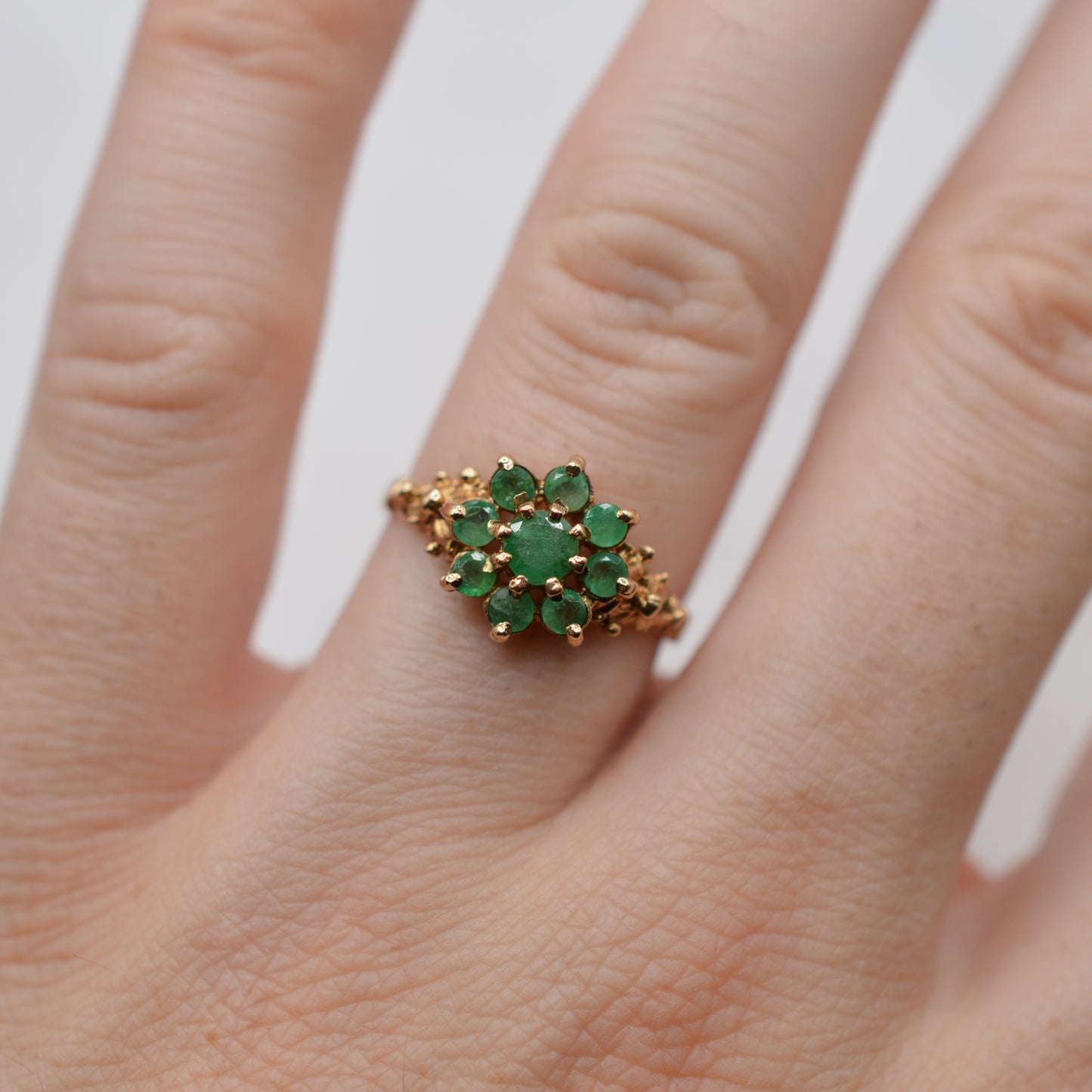 1970s Vintage 9ct Gold Emerald Cluster Ring