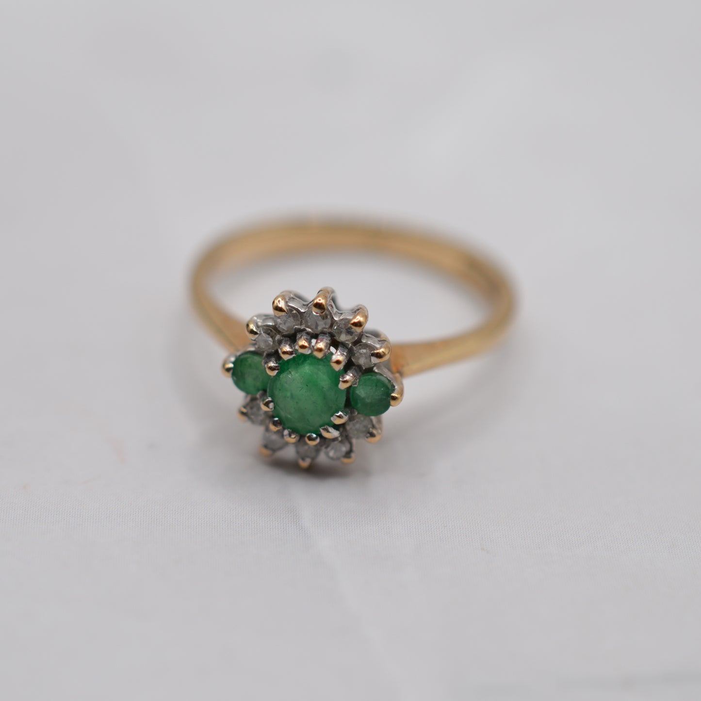 1990s 9ct Gold Emerald & Diamond Cluster Ring