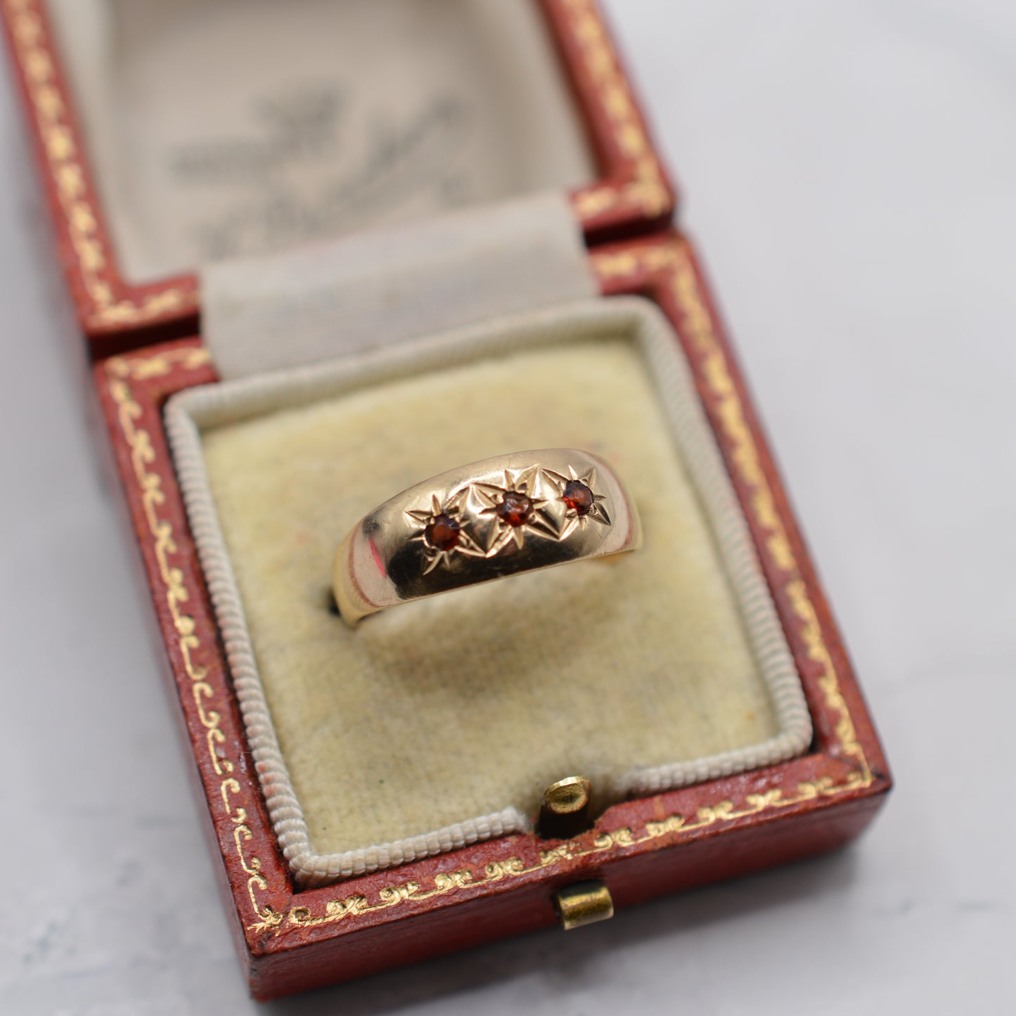 1970s Vintage 9ct Gold Garnet Gypsy Trilogy Ring
