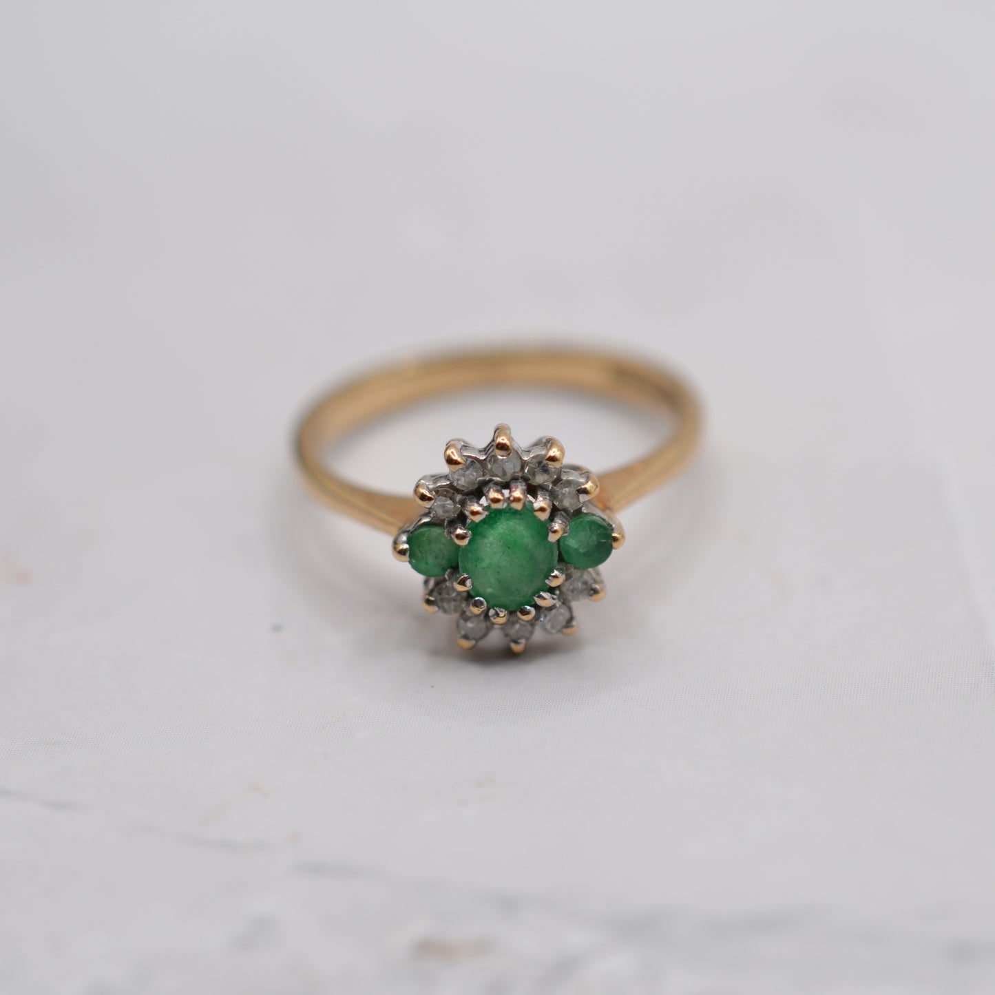 1990s 9ct Gold Emerald & Diamond Cluster Ring