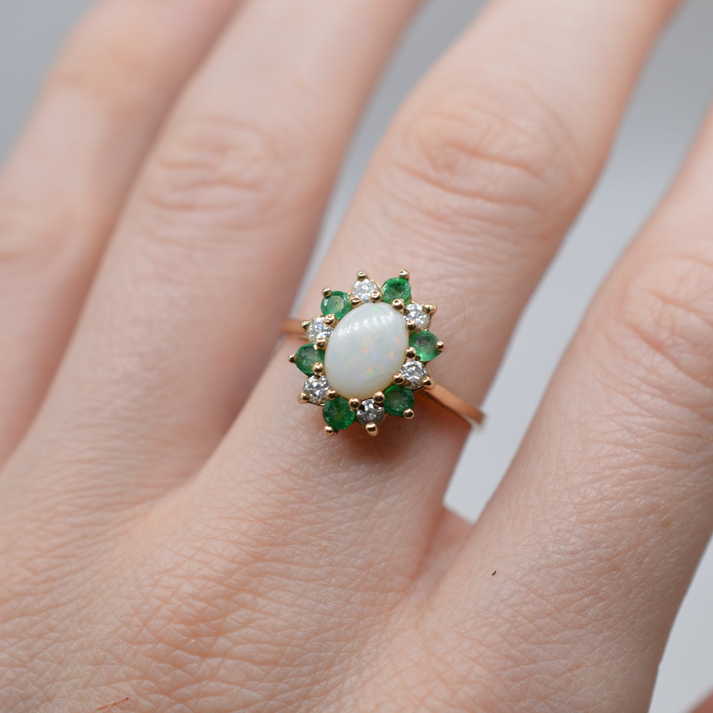 9ct Gold Opal, Emerald & CZ Cluster Ring