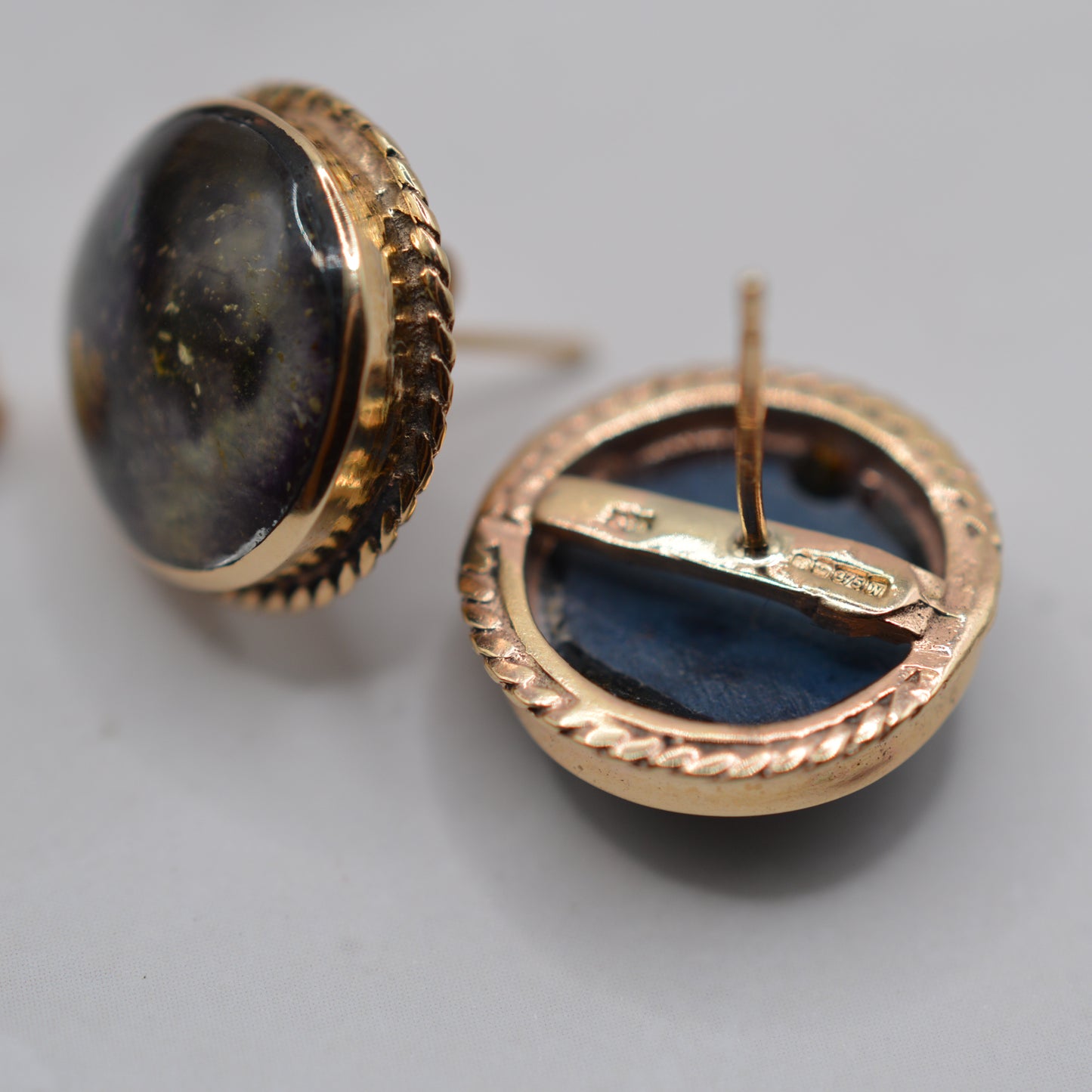 Large 1980s 9ct Gold Blue John Rope-Edge Stud Earrings