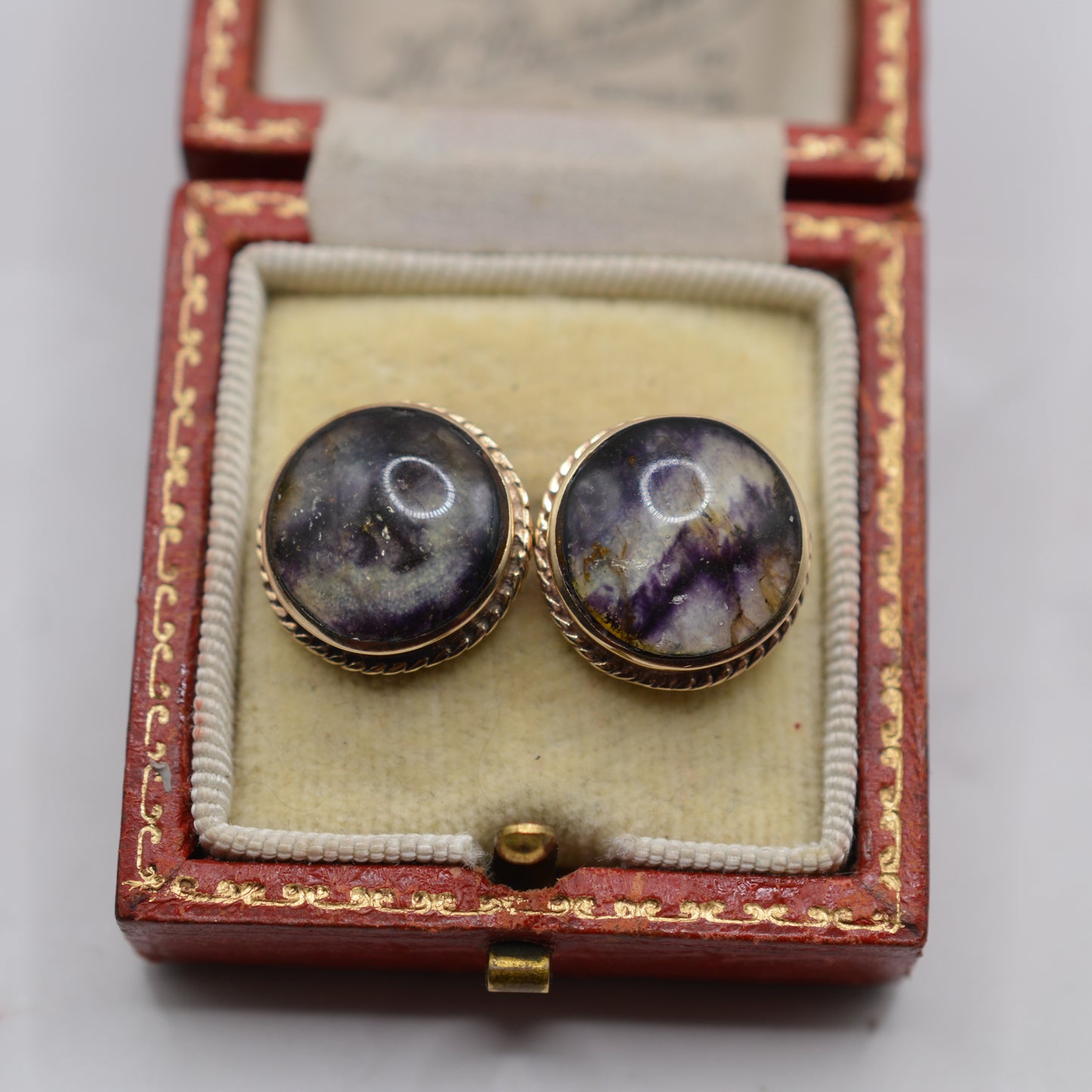 Large 1980s 9ct Gold Blue John Rope-Edge Stud Earrings