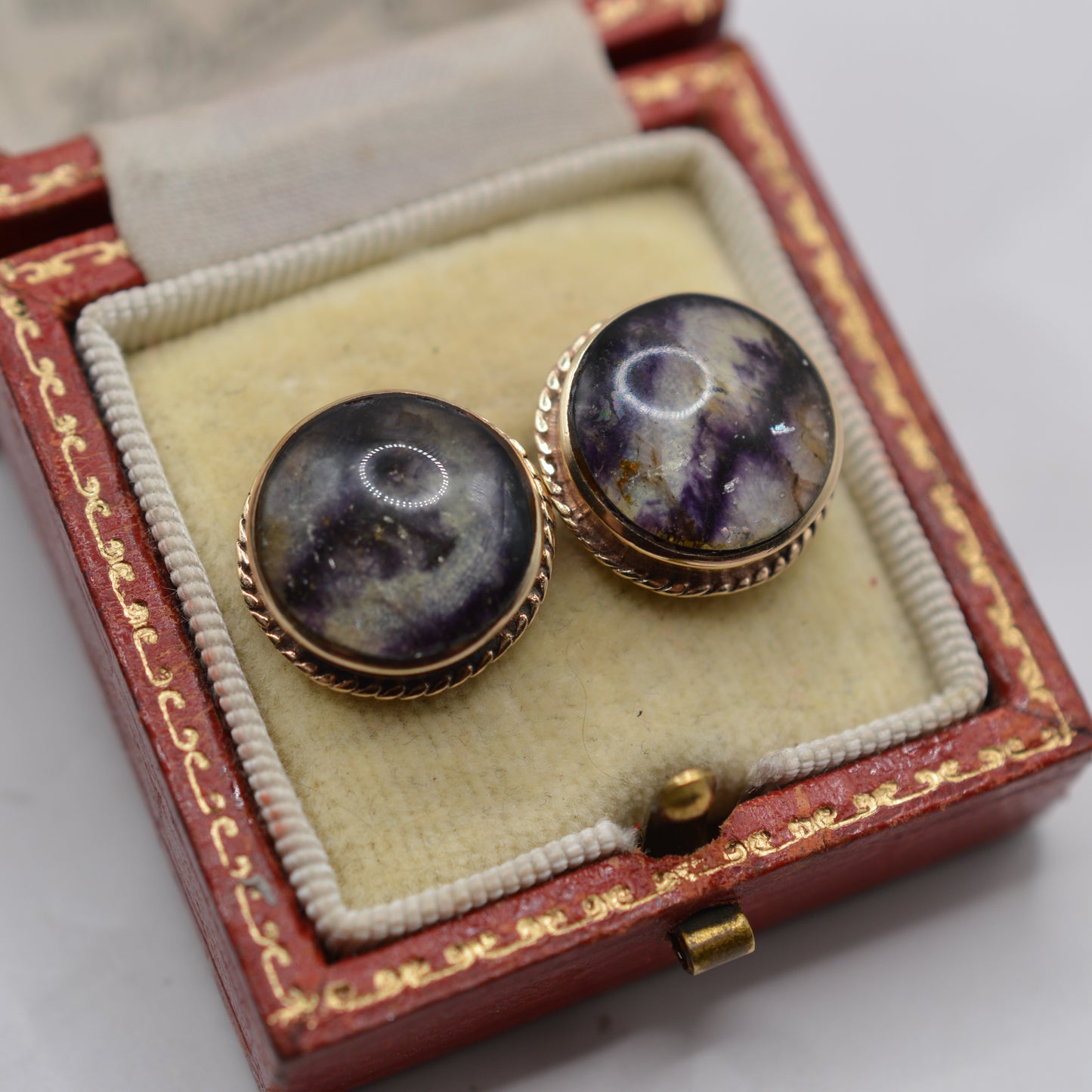 Large 1980s 9ct Gold Blue John Rope-Edge Stud Earrings