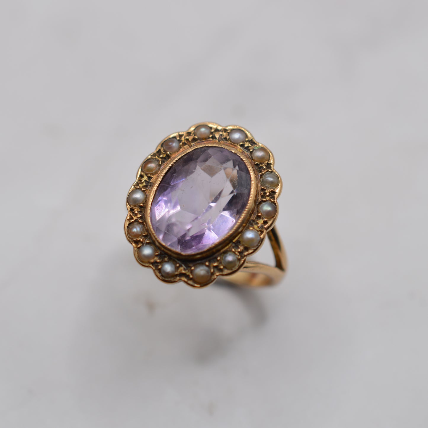 Antique Chunky Victorian 9ct Gold Amethyst & Pearl Cluster Ring