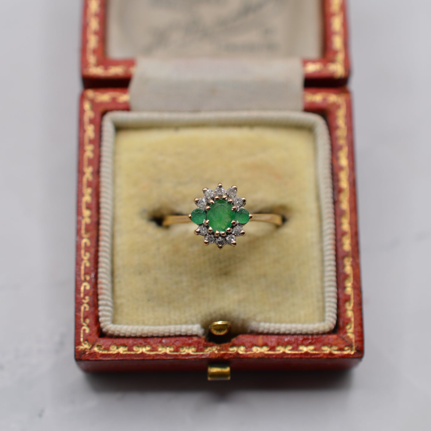 1990s 9ct Gold Emerald & Diamond Cluster Ring