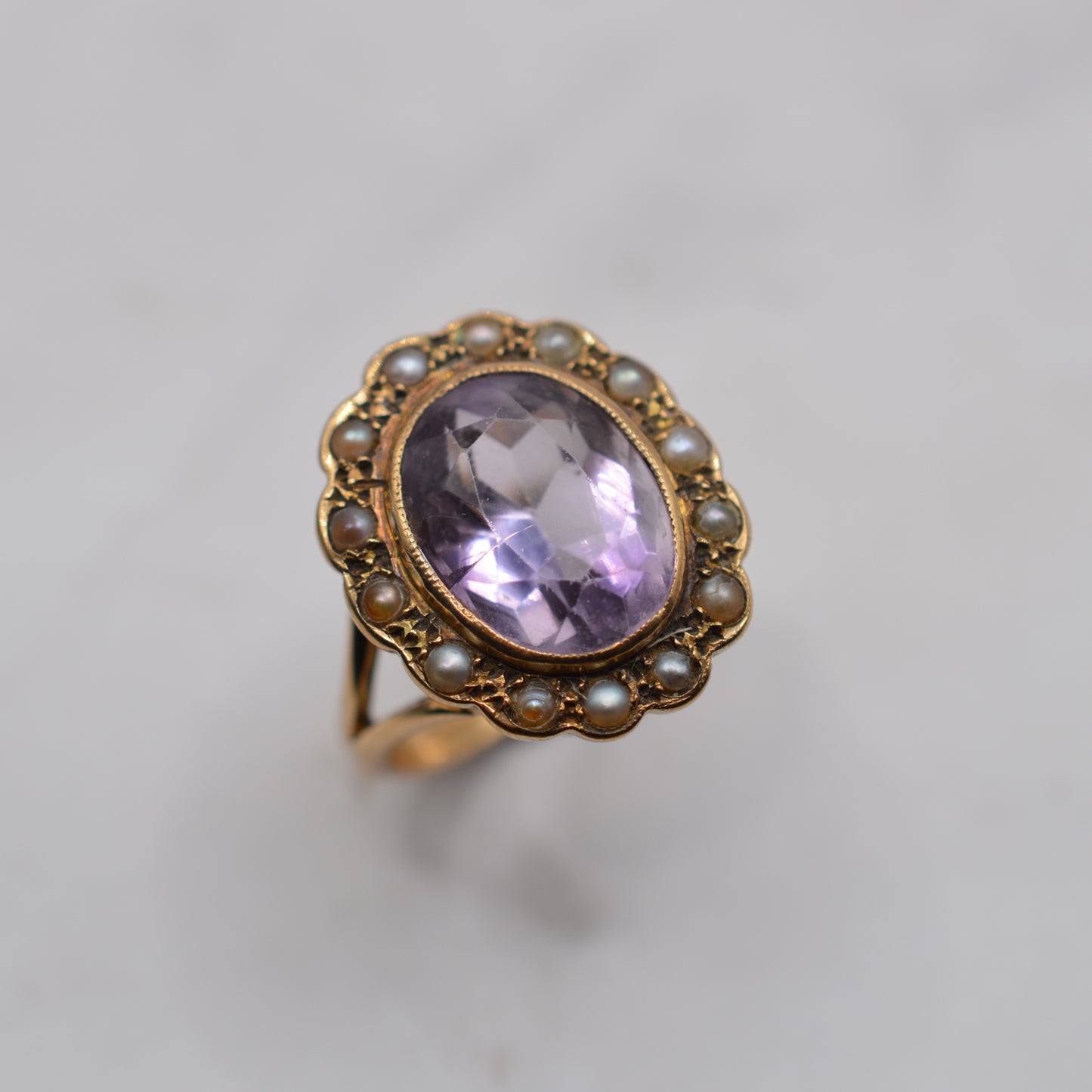Antique Chunky Victorian 9ct Gold Amethyst & Pearl Cluster Ring