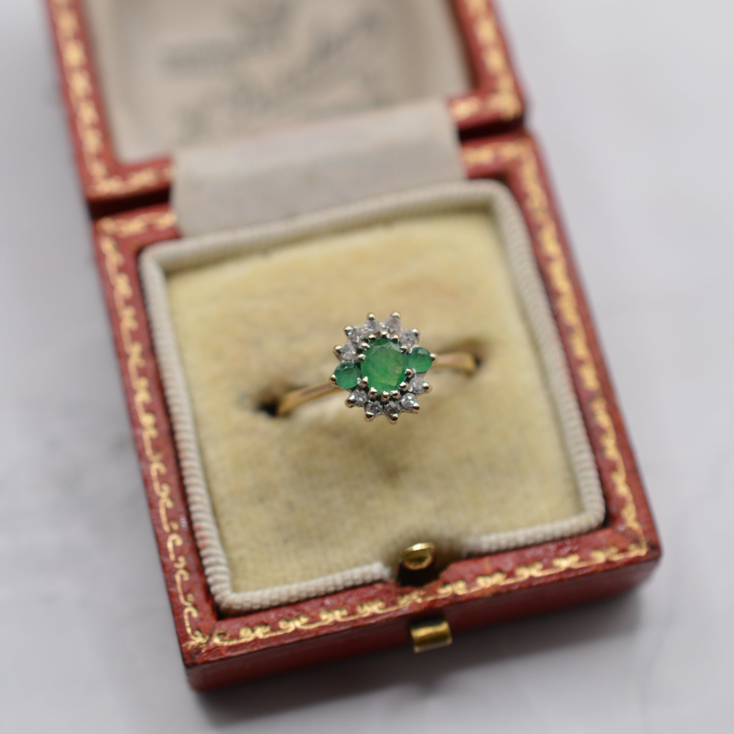 1990s 9ct Gold Emerald & Diamond Cluster Ring