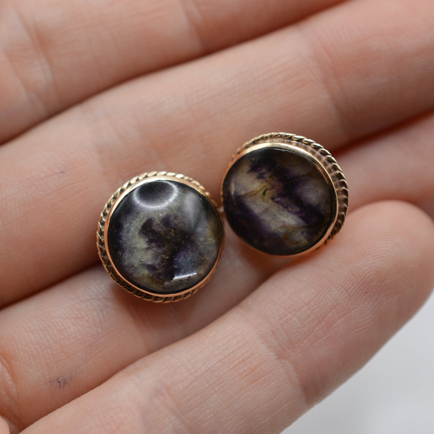 Large 1980s 9ct Gold Blue John Rope-Edge Stud Earrings