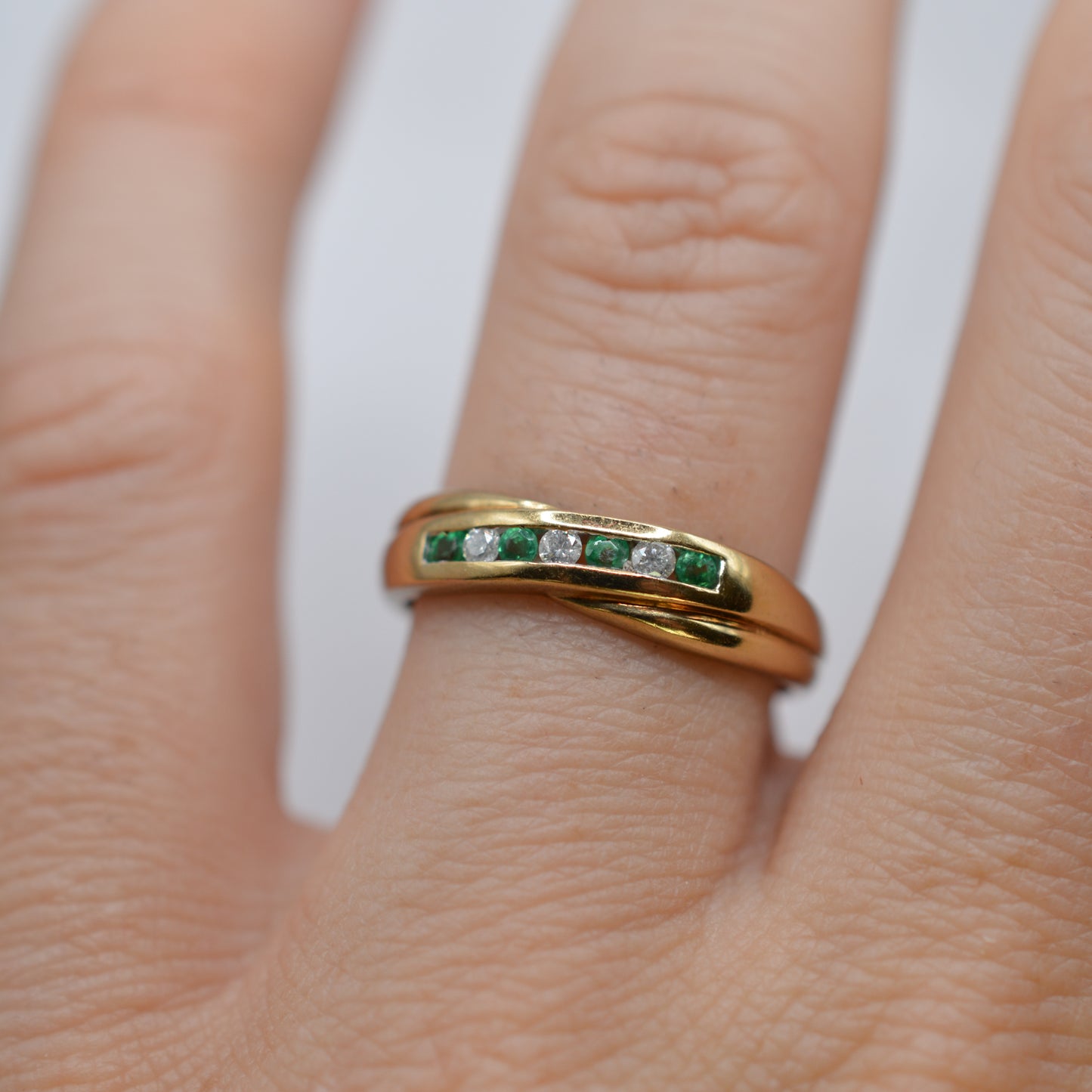 9ct Gold Emerald & Diamond Crossover Half-Eternity Ring