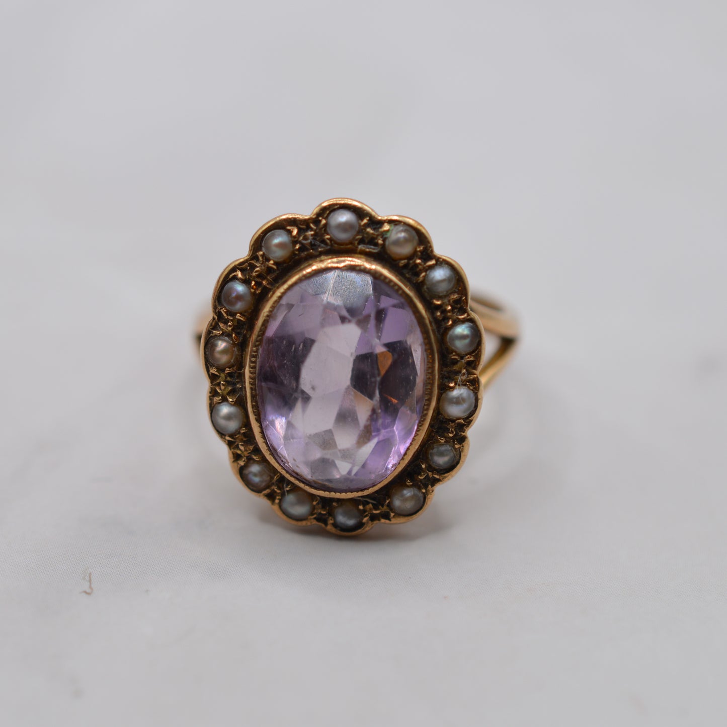 Antique Chunky Victorian 9ct Gold Amethyst & Pearl Cluster Ring