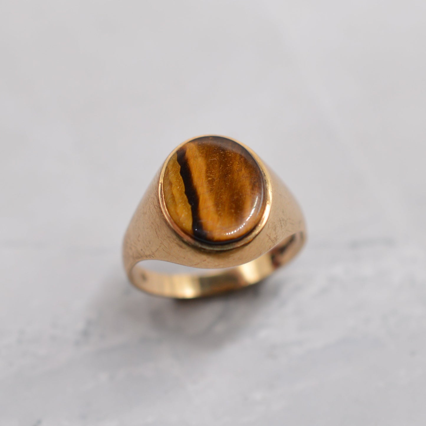 Chunky 1970s Vintage 9ct Gold Tiger's Eye Signet Ring