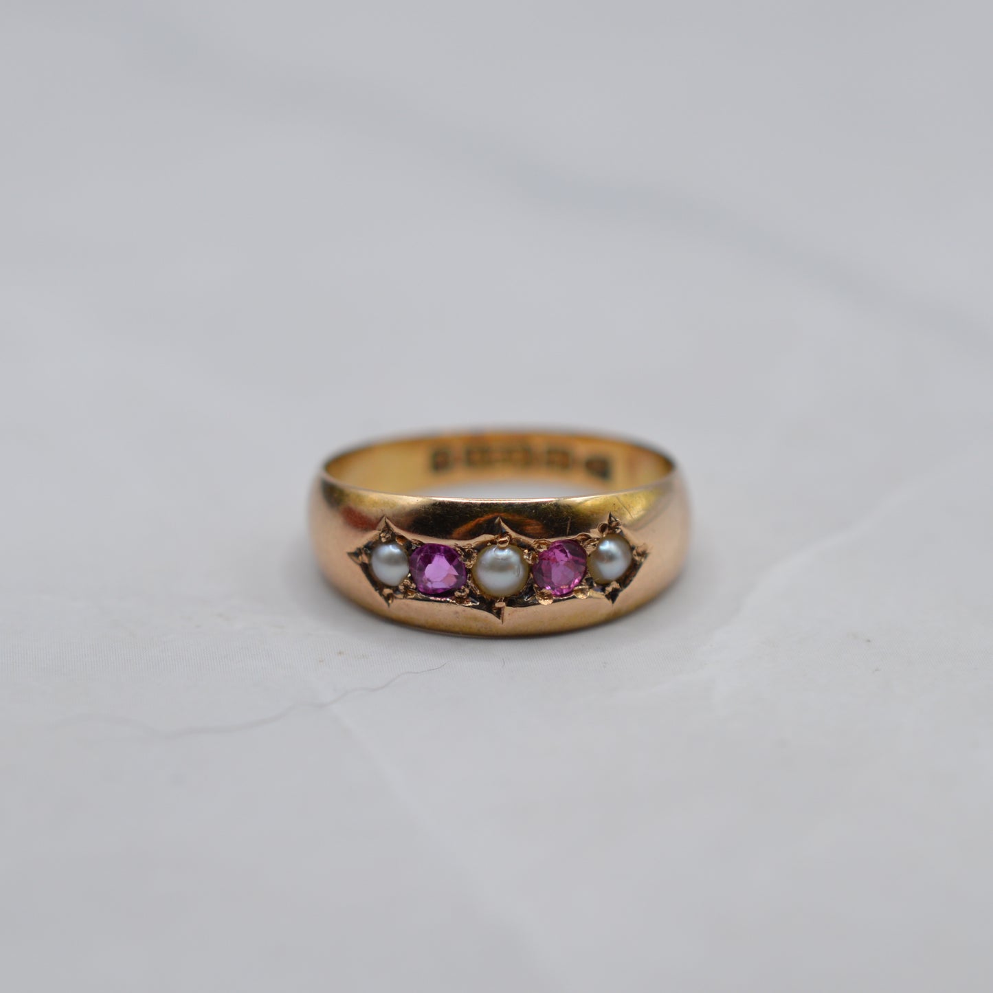 1886 Antique Victorian 15ct Gold Ruby & Pearl Ring