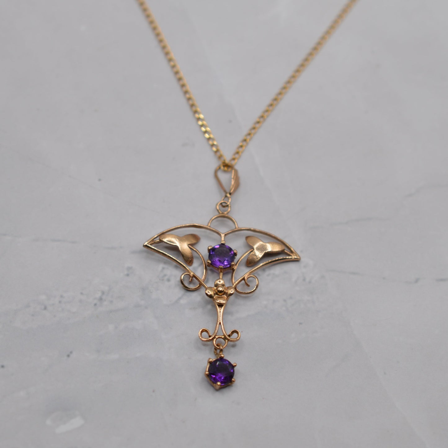 Antique Art Nouveau 9ct Gold Amethyst Lavalier Pendant Necklace (18”)