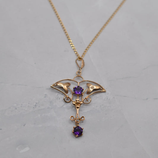 Antique Art Nouveau 9ct Gold Amethyst Lavalier Pendant Necklace (18”)
