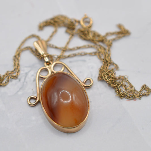 1970s Vintage 9ct Gold Agate Pendant Necklace (19" Chain)