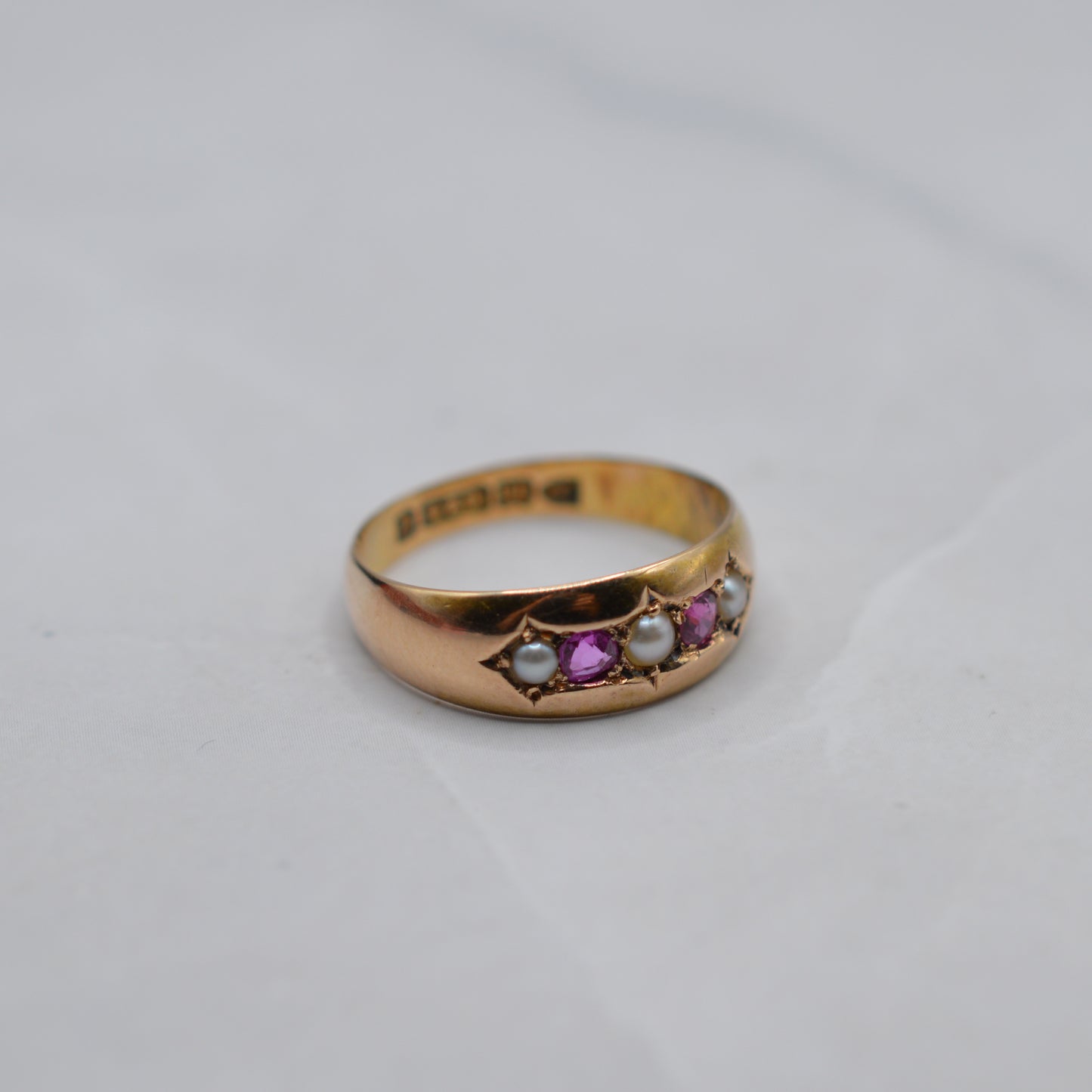 1886 Antique Victorian 15ct Gold Ruby & Pearl Ring