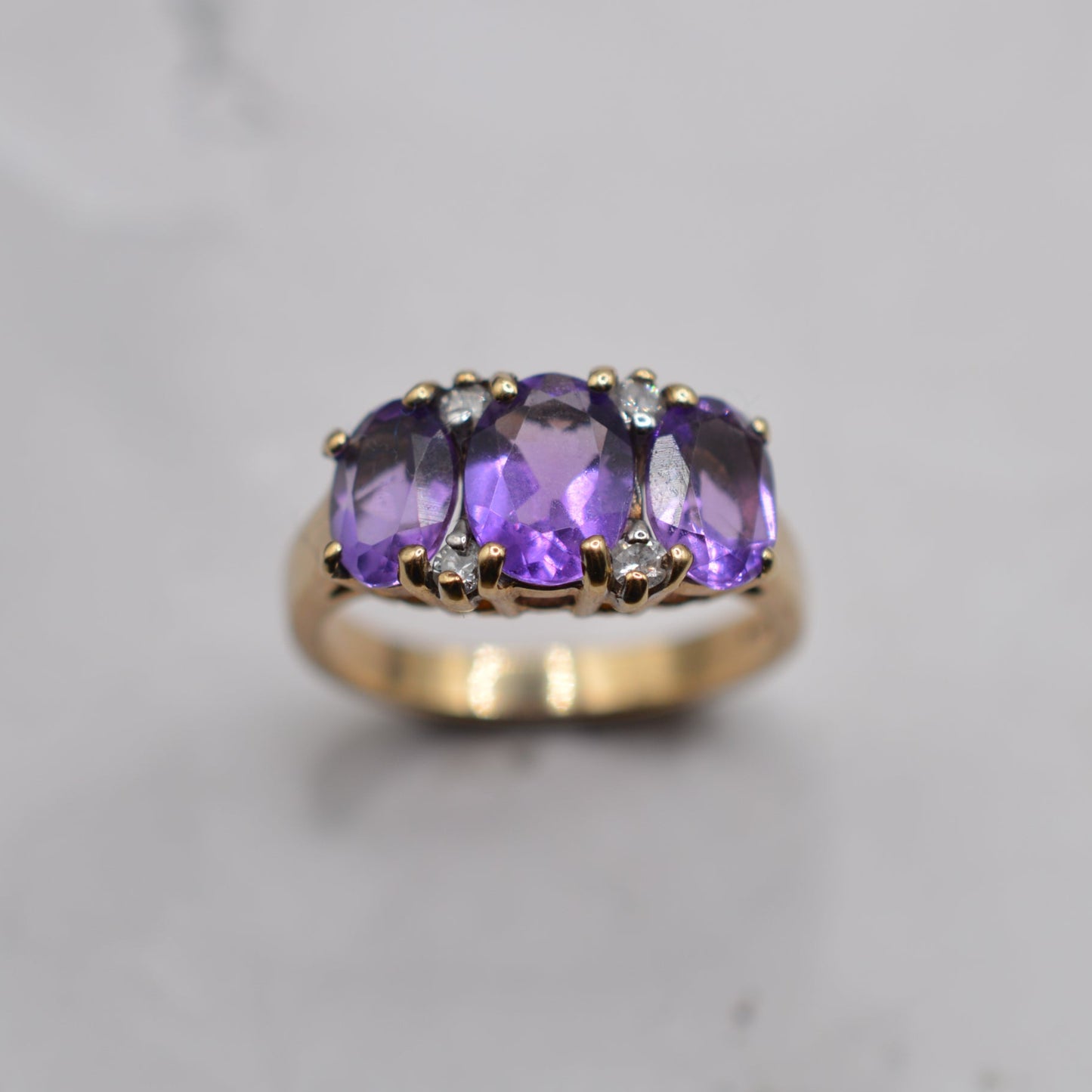 Chunky 9ct Gold Amethyst & Diamond Trilogy Ring