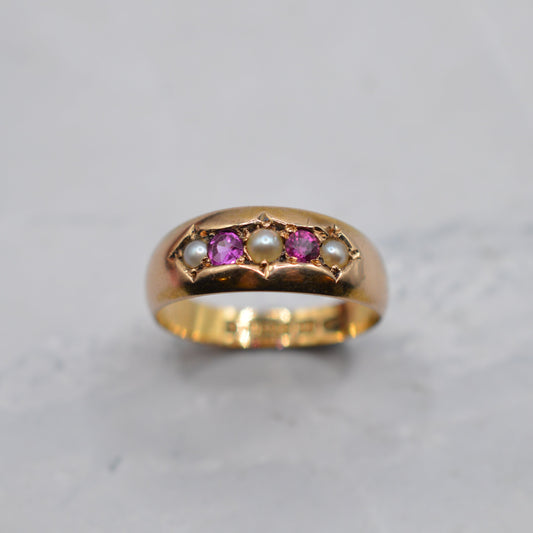 1886 Antique Victorian 15ct Gold Ruby & Pearl Ring