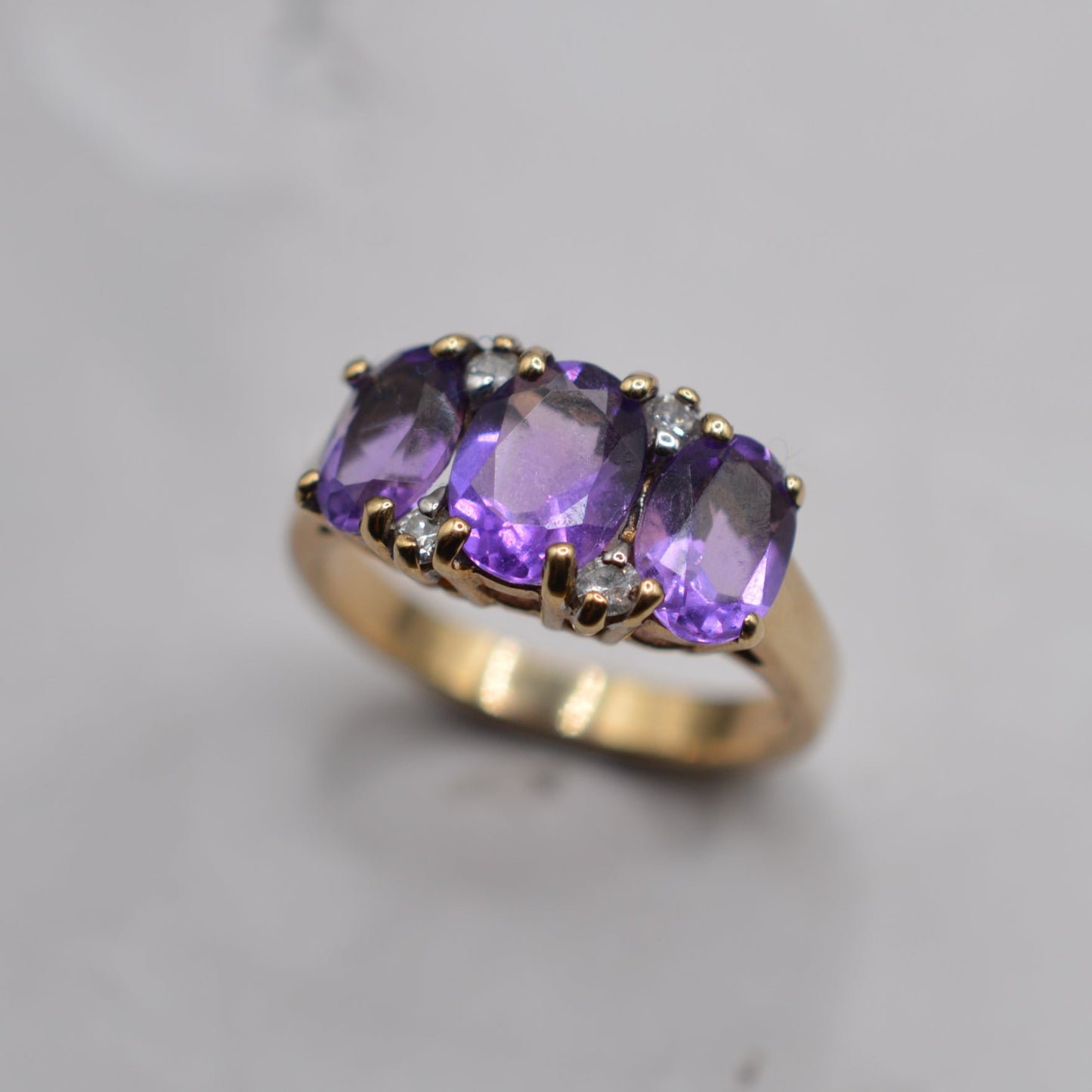 Chunky 9ct Gold Amethyst & Diamond Trilogy Ring
