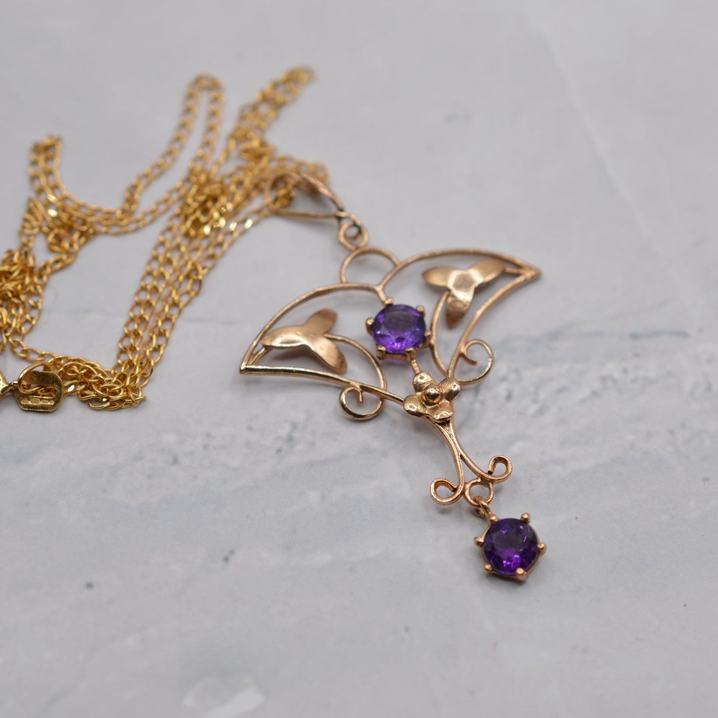 Antique Art Nouveau 9ct Gold Amethyst Lavalier Pendant Necklace (18”)