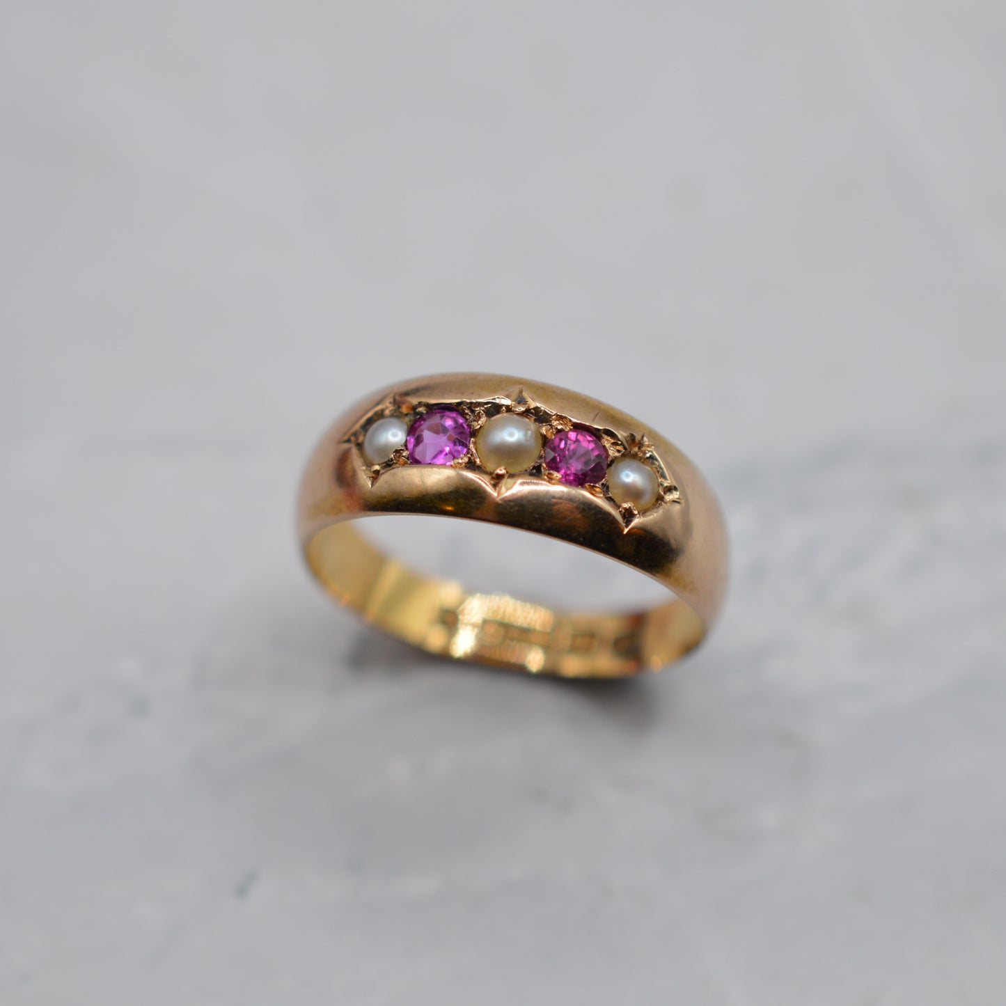 1886 Antique Victorian 15ct Gold Ruby & Pearl Ring