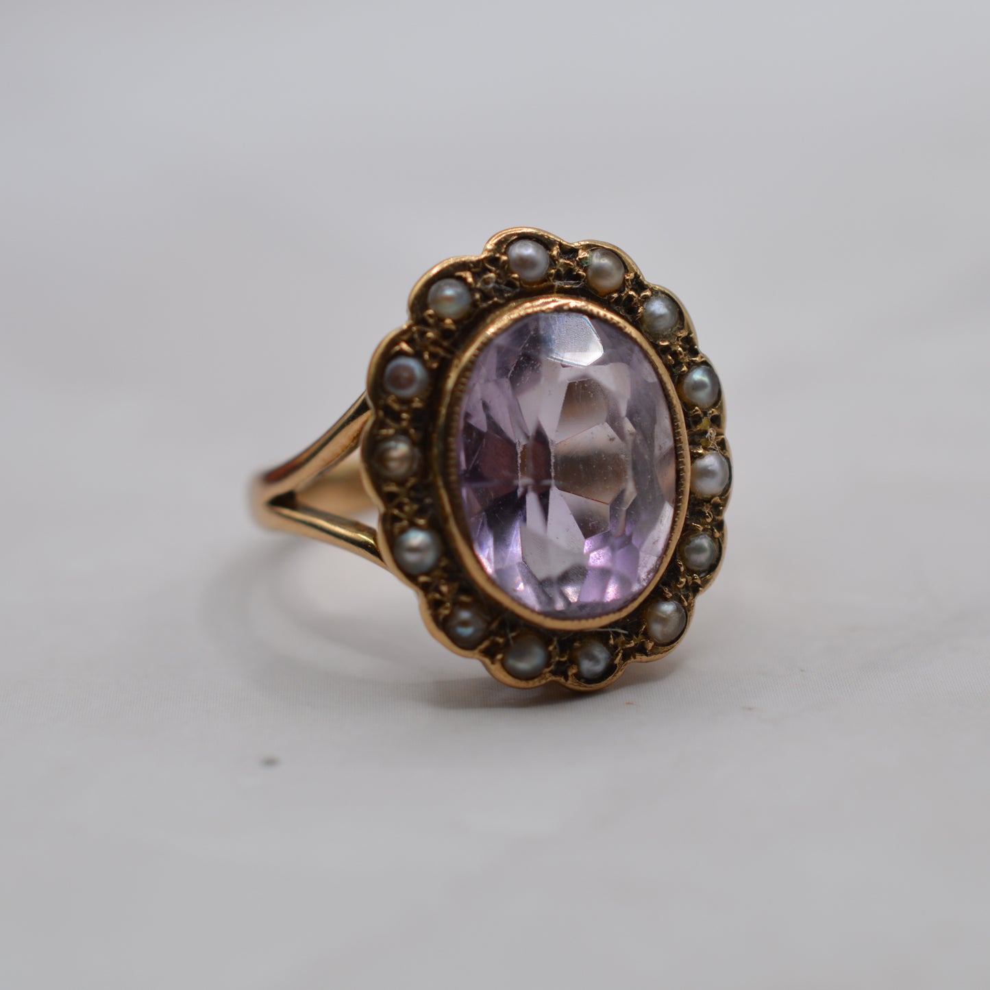 Antique Chunky Victorian 9ct Gold Amethyst & Pearl Cluster Ring