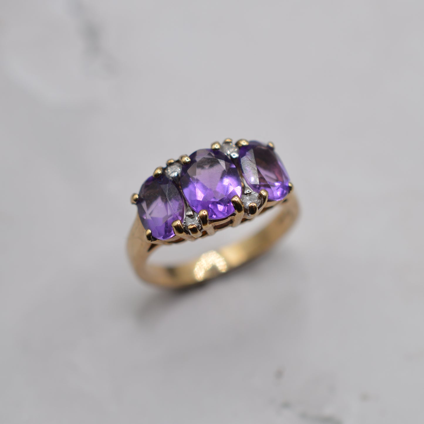 Chunky 9ct Gold Amethyst & Diamond Trilogy Ring
