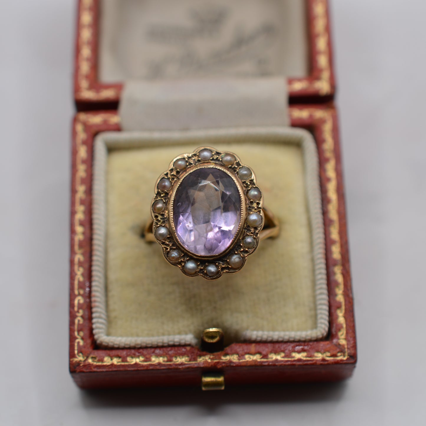 Antique Chunky Victorian 9ct Gold Amethyst & Pearl Cluster Ring